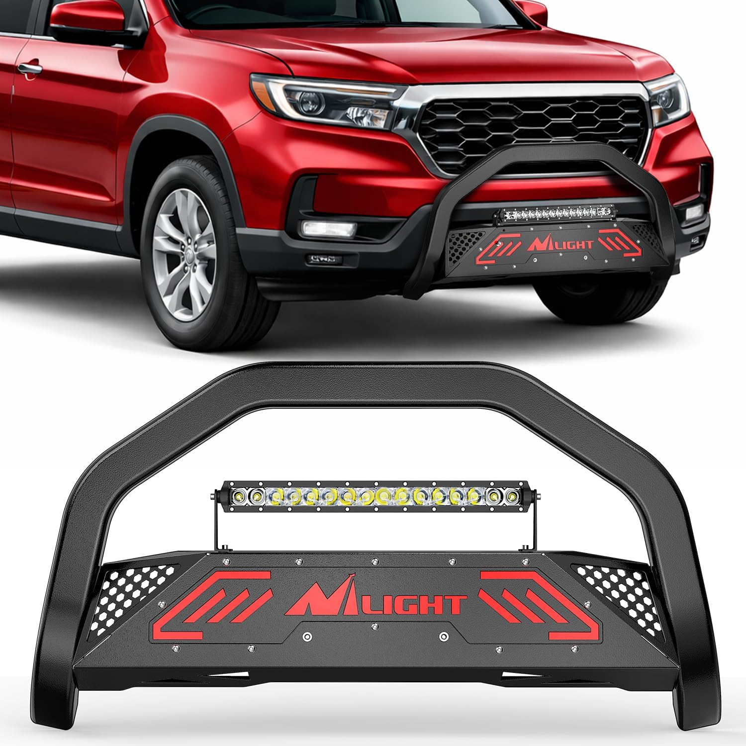 Nilight Bull Bar with Light fits 2016-2022 Honda Pilot, 2017-2024 Ridgeline, 2018-2020 Odyssey, 2017-2022 Passport, 2014-2020 Acura MDX Front Bumper Grille Brush Guard w/Skid Plate Licence Plate Hole