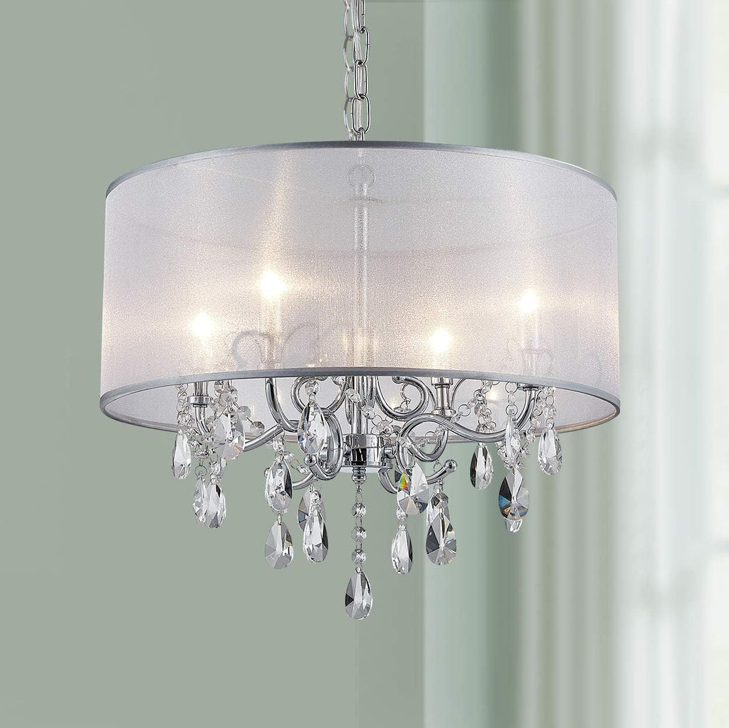 Bestier Modern Elegant Crystal Pendant Drum Chandelier 4 Light Chrome Lighting Fixture LED Ceiling Light Dia 19 in x H 18 in