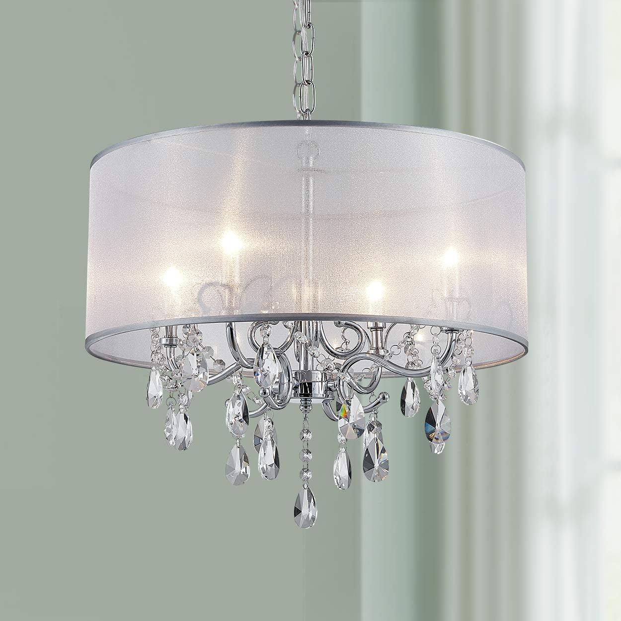 Bestier Modern Elegant Crystal Pendant Drum Chandelier 4 Light Chrome Lighting Fixture LED Ceiling Light Dia 19 in x H 18 in