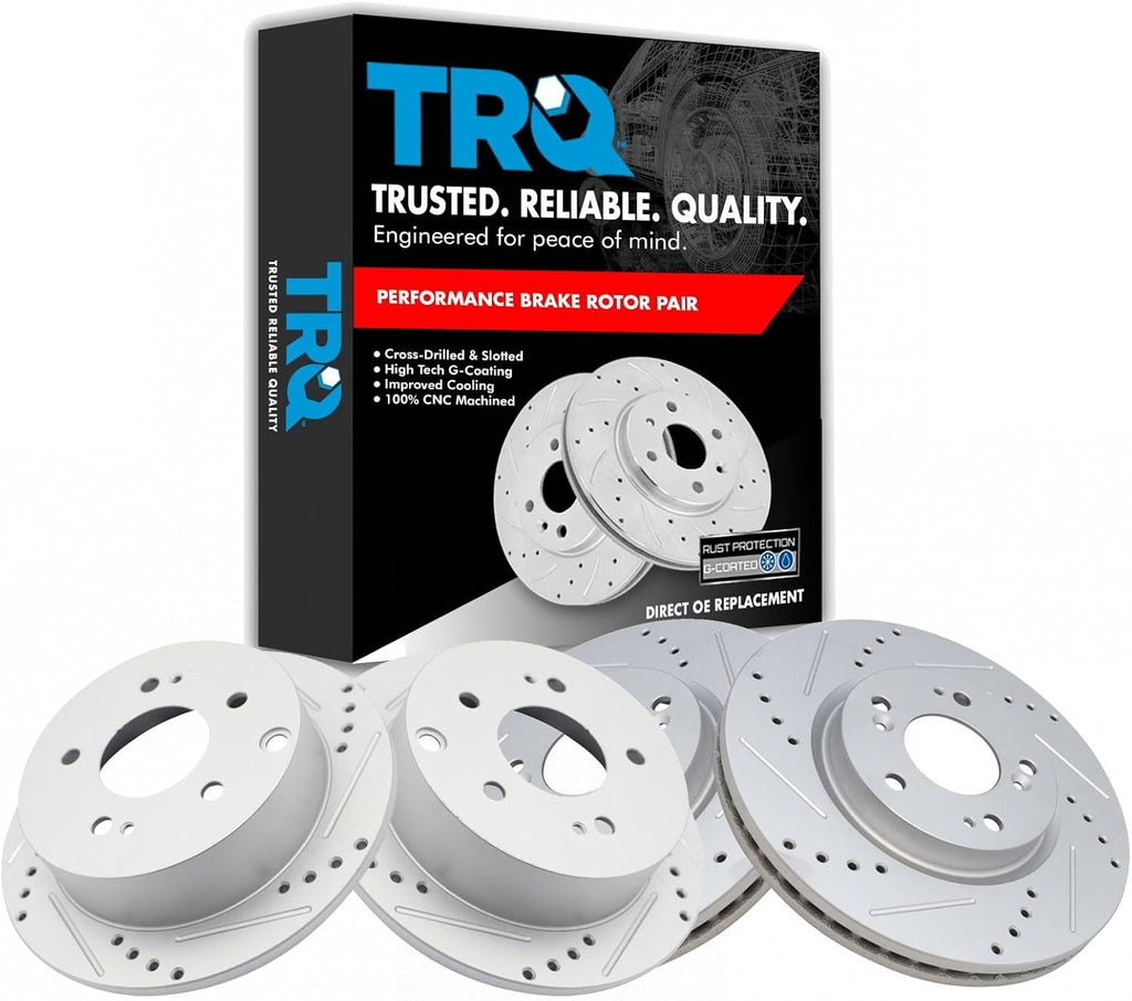 TRQ Front & Rear Brake Rotors Set Performance Premium G-Coated Slotted X Drilled Compatible with 2006-2012 Mitsubishi Eclipse 2004-2009 Galant