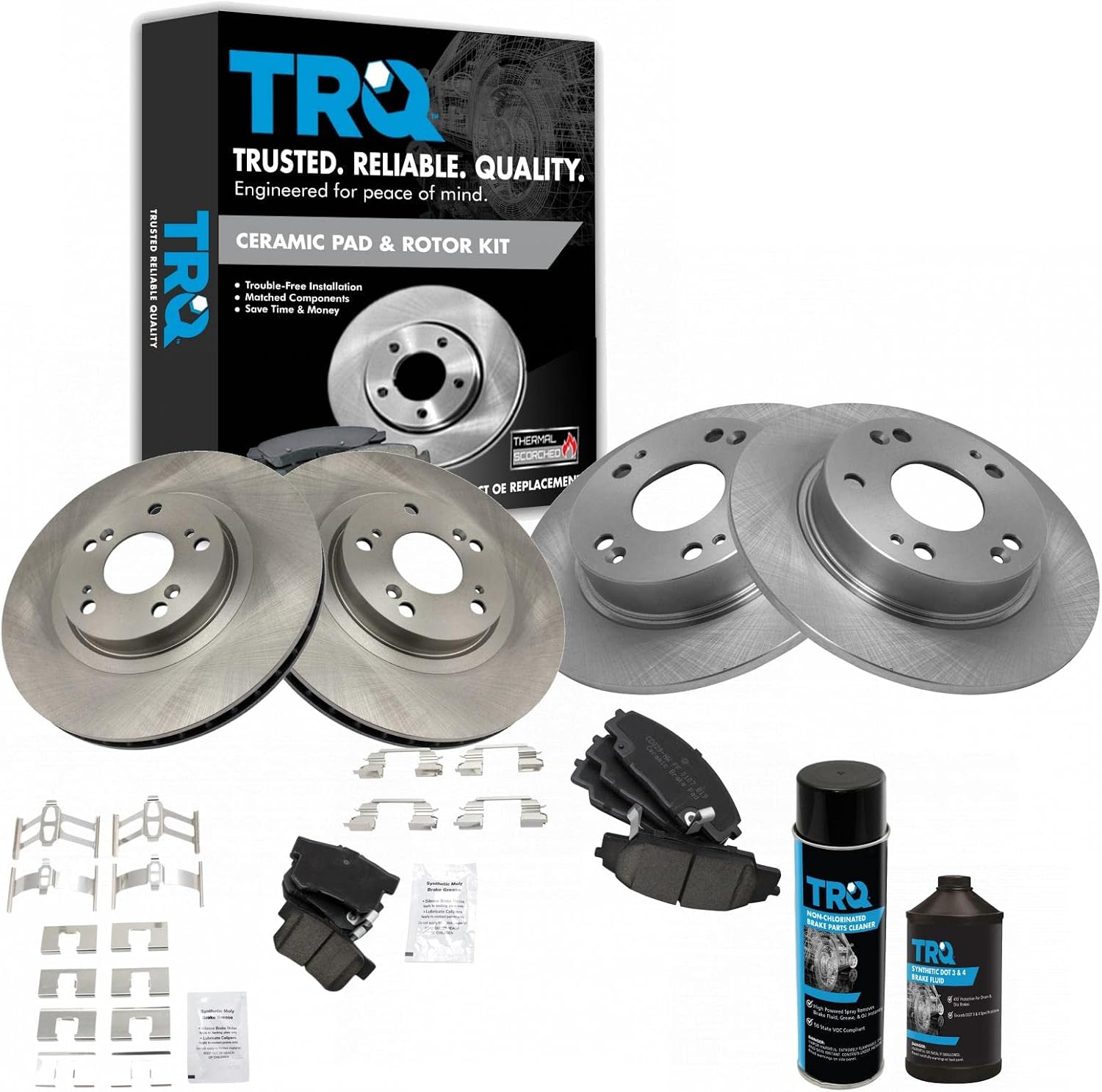 TRQ Front and Rear Brake Pad & Rotor Kit, with Chemical Kit Ceramic Compatible with 2006-2011 Honda Civic