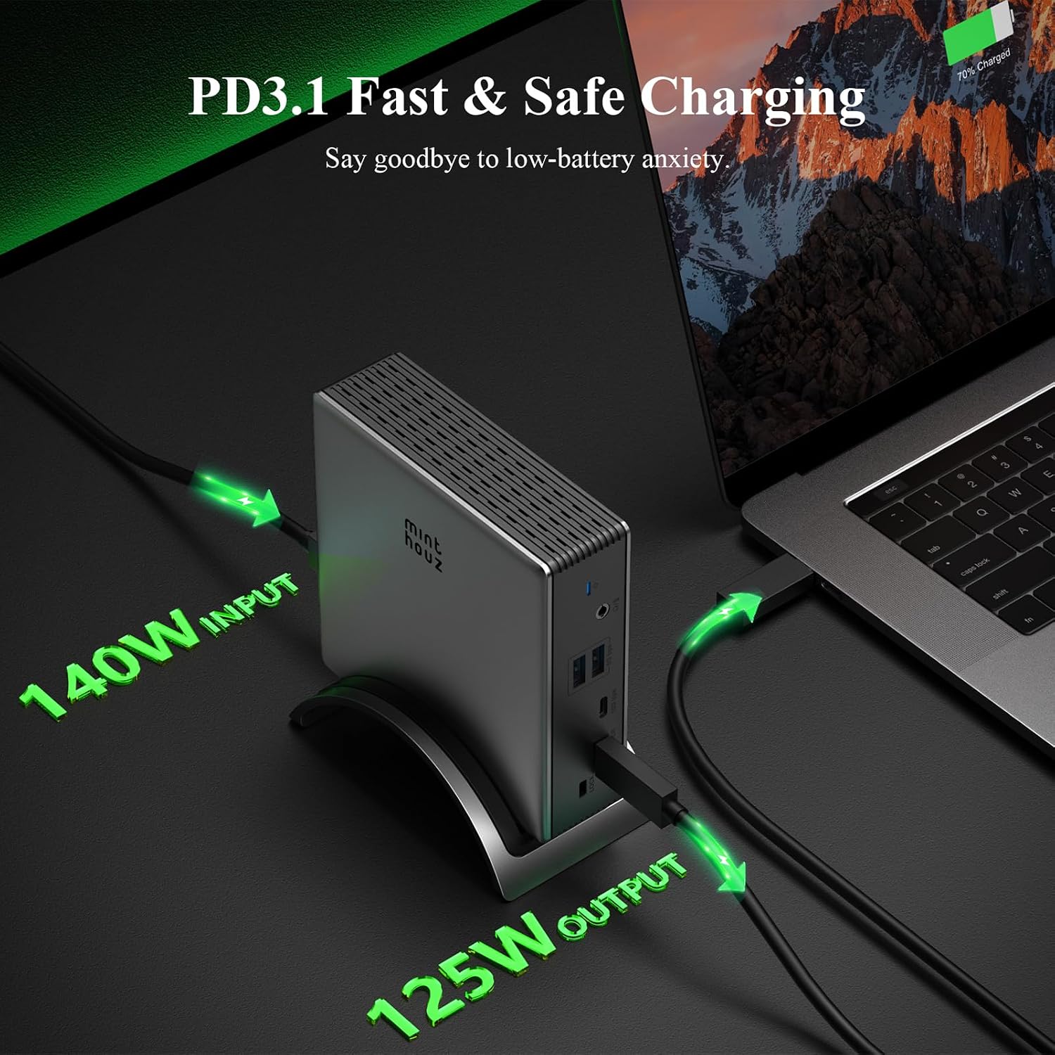 Minthouz USB-C Docking Station, PD3. 1 Docking Station, 3 Monitors with 4K@144Hz, 2×HDMI + DP, 140W PD Charge, USB-C 10Gbps, 2×USB-A 5Gbps, Gigabit Ethernet, Audio/Mic, for Chrome OS & Windows