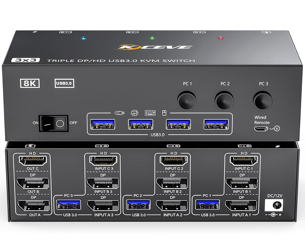 KVM Switch 3 Monitors 3 Computers 8K@60Hz, MLEEDA HDMI + 2* Displayport Triple Monitor KVM Switch with 4 USB 3.0 Ports for Keyboard Mouse Printer, Wired Remote and Power Adapter Included