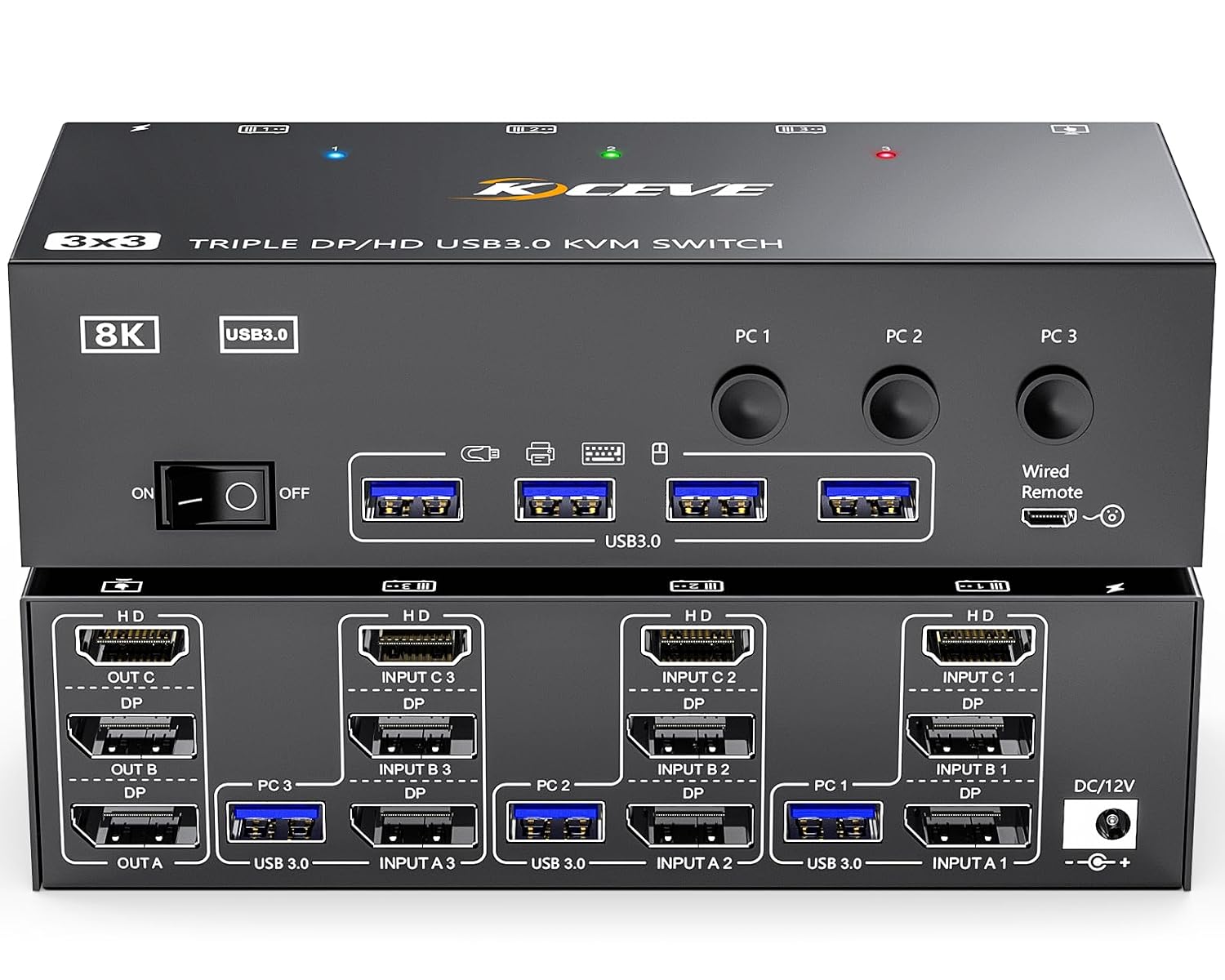 KVM Switch 3 Monitors 3 Computers 8K@60Hz, MLEEDA HDMI + 2* Displayport Triple Monitor KVM Switch with 4 USB 3.0 Ports for Keyboard Mouse Printer, Wired Remote and Power Adapter Included