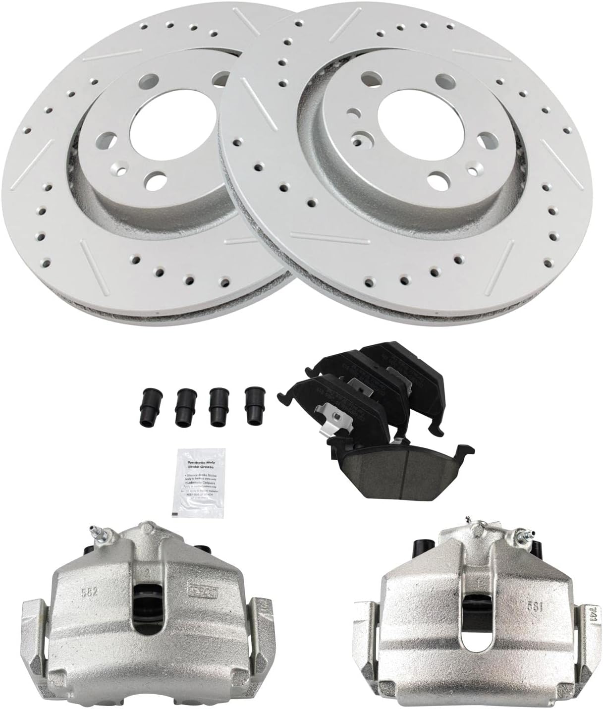 TRQ Performance Front Brake Pad and Rotor Set Ceramic Vented Coated Rotors Calipers Compatible with 2005 Volkswagen Jetta