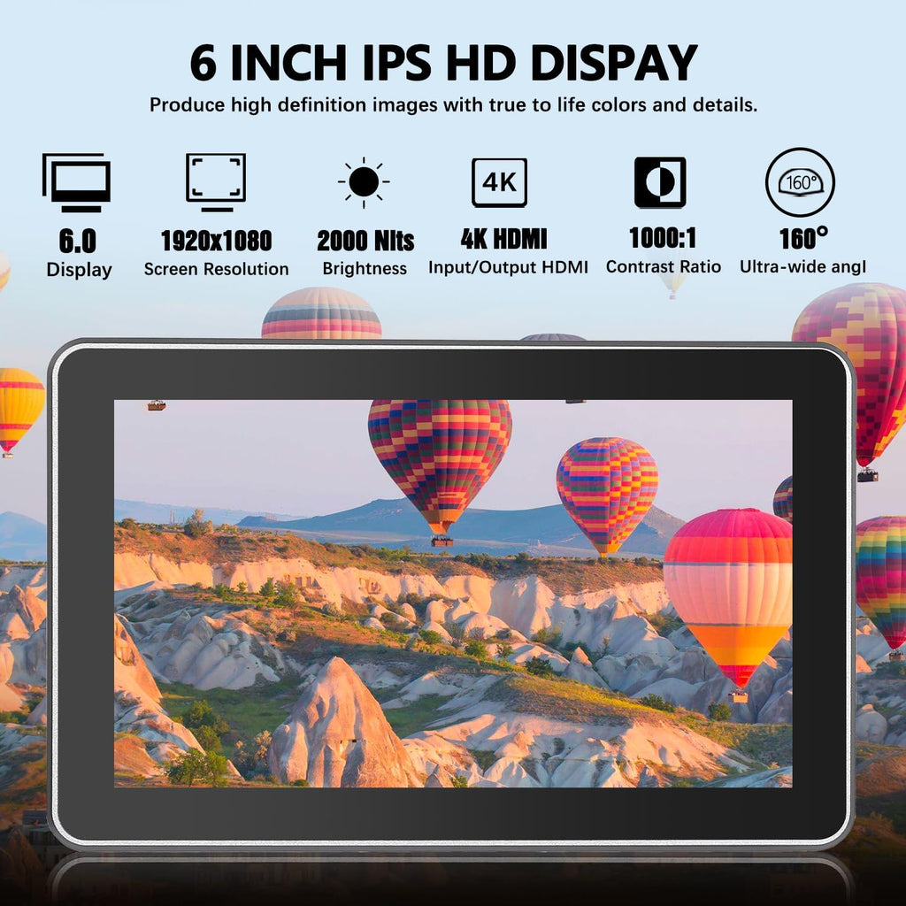 VILTROX DC-X2 6'' Touchscreen Camera Monitor 4K HDMI, Ultra Bright 2000nits Camera Field Monitor with Battery and Sunshade Hood, 3D LUT, Focus Peaking, Vector Scope, Full HD 1920x1080