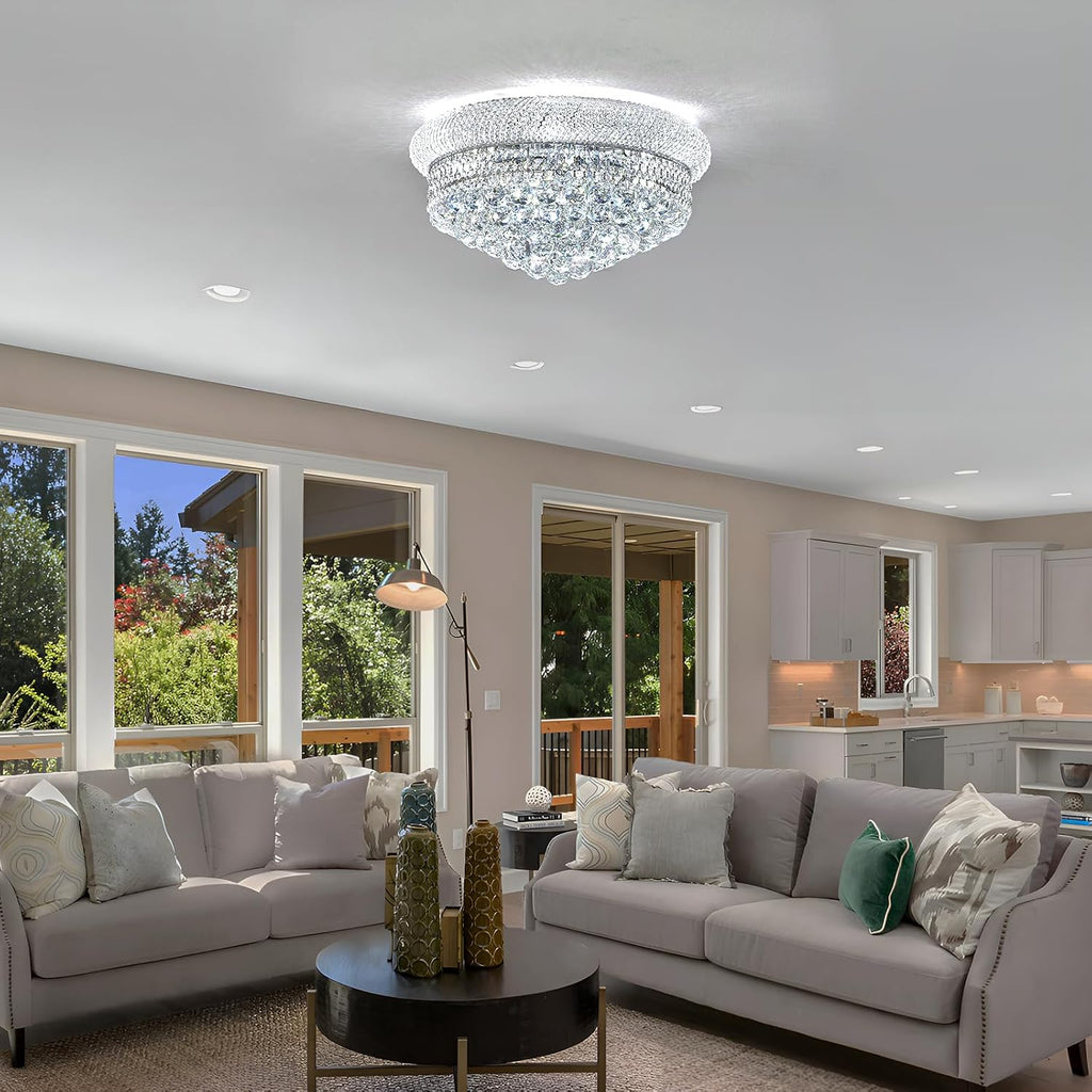 9 - Light Flush Mount Crystal Chandelier for Living Room Dining Room Entryway Hallway Bedroom Foyer Chrome Finish