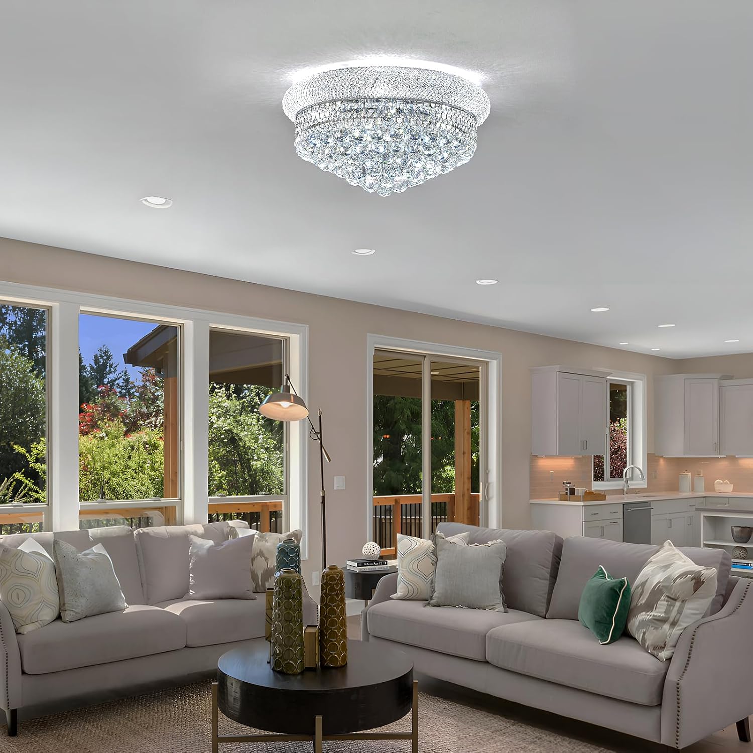 9 - Light Flush Mount Crystal Chandelier for Living Room Dining Room Entryway Hallway Bedroom Foyer Chrome Finish