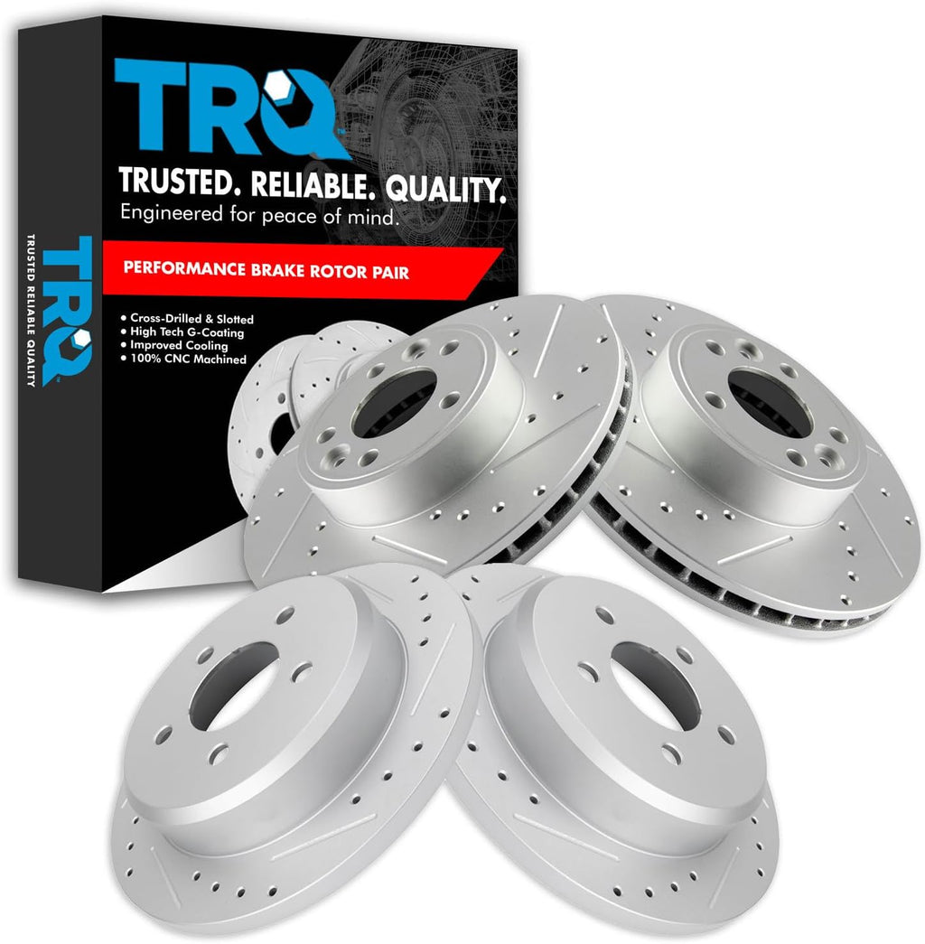TRQ Performance Front and Rear Brake Rotor Set G Coated Drilled and Slotted Compatible with 1998-2002 Ford Crown Victoria Lincoln Town Car Mercury Grand Marquis