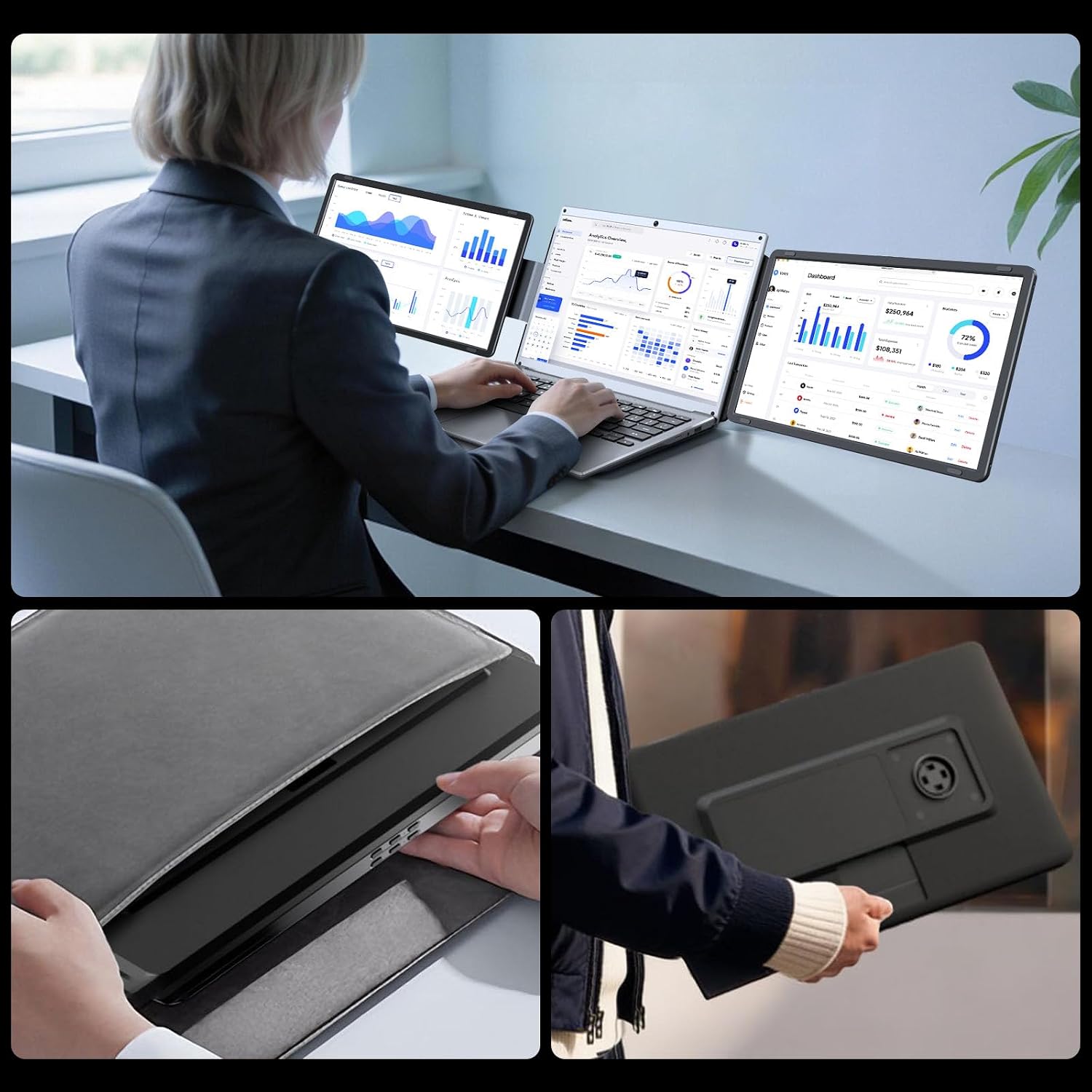 15.6' Laptop Screen Extender, FHD 1080P IPS Portable Triple Monitor for Laptops 13.3'-17.3', USB-C/HDMI Plug & Play, 120% sRGB Low Blue Light Detachable Monitor Extender for Windows/MacOS