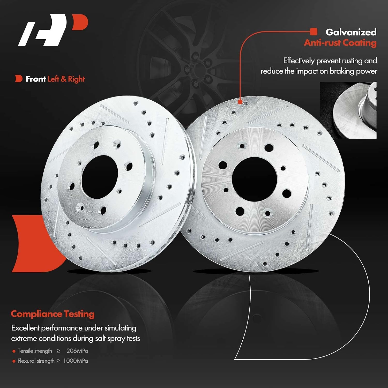 A-Premium 10.32 inch(262 mm) Front Drilled and Slotted Disc Brake Rotors + Ceramic Pads Kit Compatible with Select Honda Models - Civic del Sol 1994 1995 1996 1997 1.6L, Fit 2007 2008 1.5L 6-PC Set