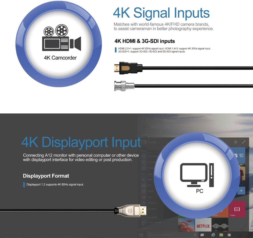 Lilliput A12 Monitor DSLR Camera 12.5' 4K HDMI 3G-SDI 3840X2160 Monitor for Sony FS5 FS7 F5 F55 RED Scarlet-W Weapon Raven Epic-W ARRI Alexa Mini Canon C200 C300 II DJI Ronin