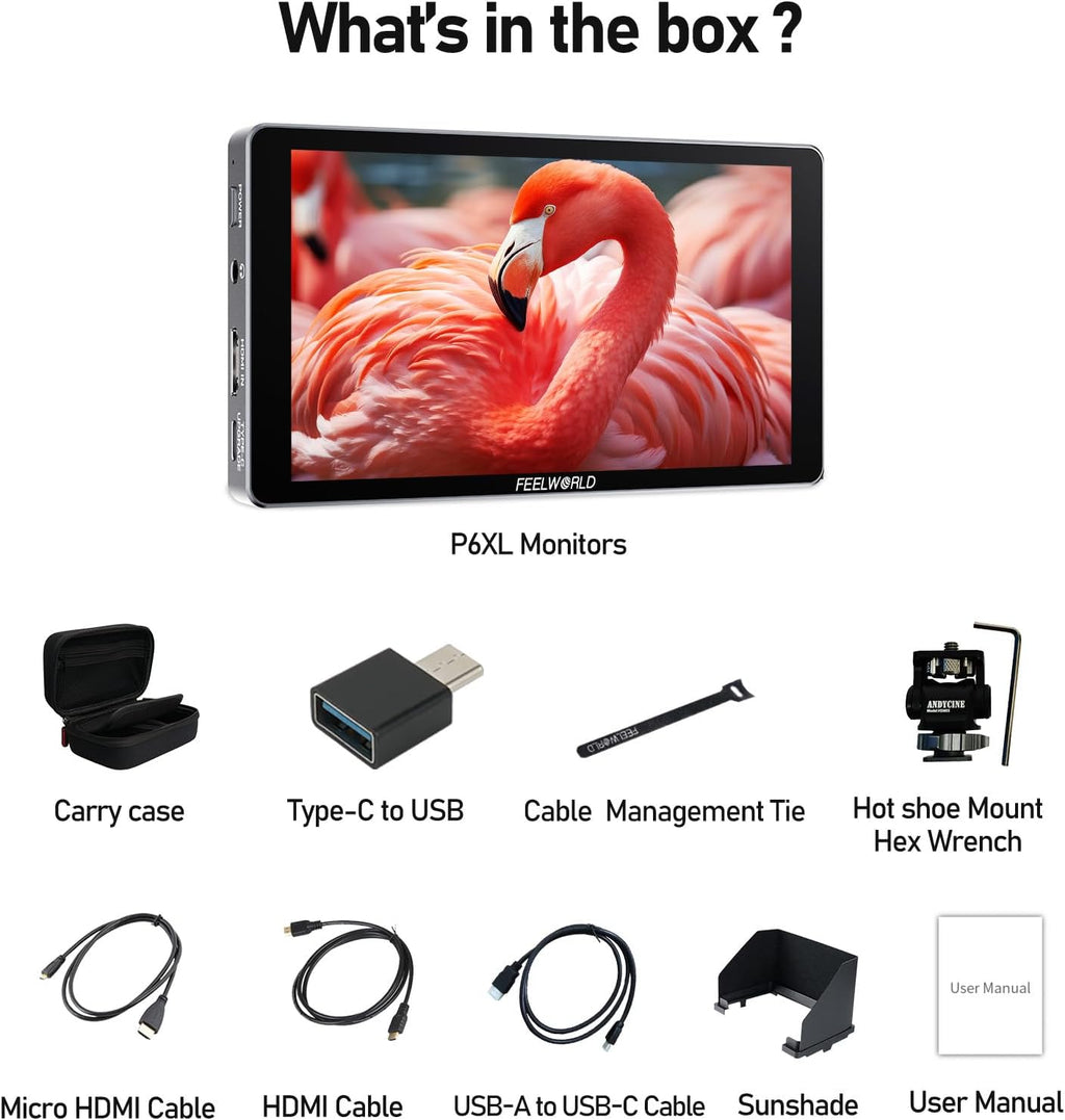 FEELWORLD P6XL 6 Inch High Brightness Touch Screen DSLR Video Monitor Built-in Battery 3000 mAh 1920x1080 4K HDMI Camera Field Monitor 1200 nits with Aluminium Shell