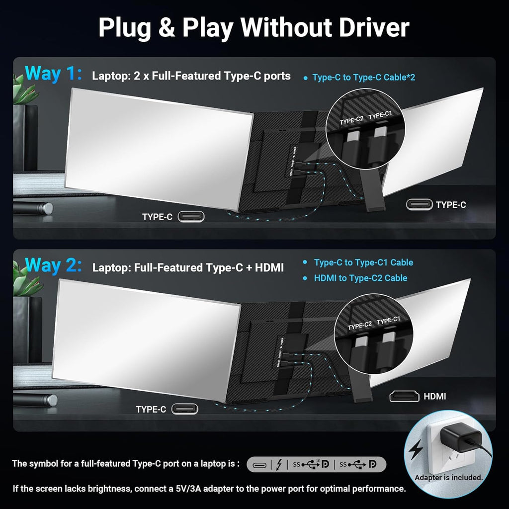 15.6' Laptop Screen Extender, 1080P FHD Triple Portable Monitor for Laptops, Ultra-Slim Travel Dual Monitor Fit for 13-17.3' Laptops, USB-C Plug&Play Extended Screen Compatible with Win/Mac/Android