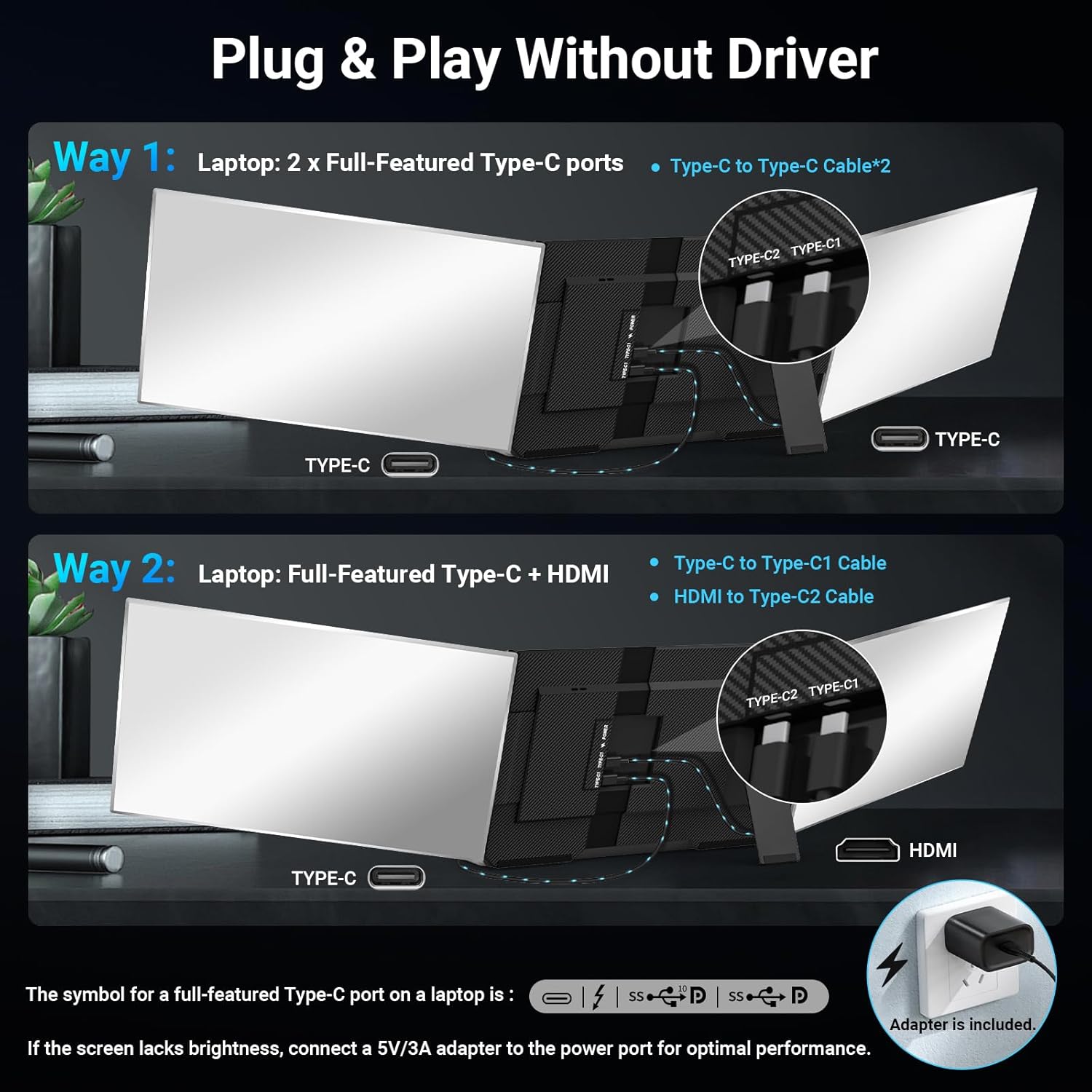 15.6' Laptop Screen Extender, 1080P FHD Triple Portable Monitor for Laptops, Ultra-Slim Travel Dual Monitor Fit for 13-17.3' Laptops, USB-C Plug&Play Extended Screen Compatible with Win/Mac/Android