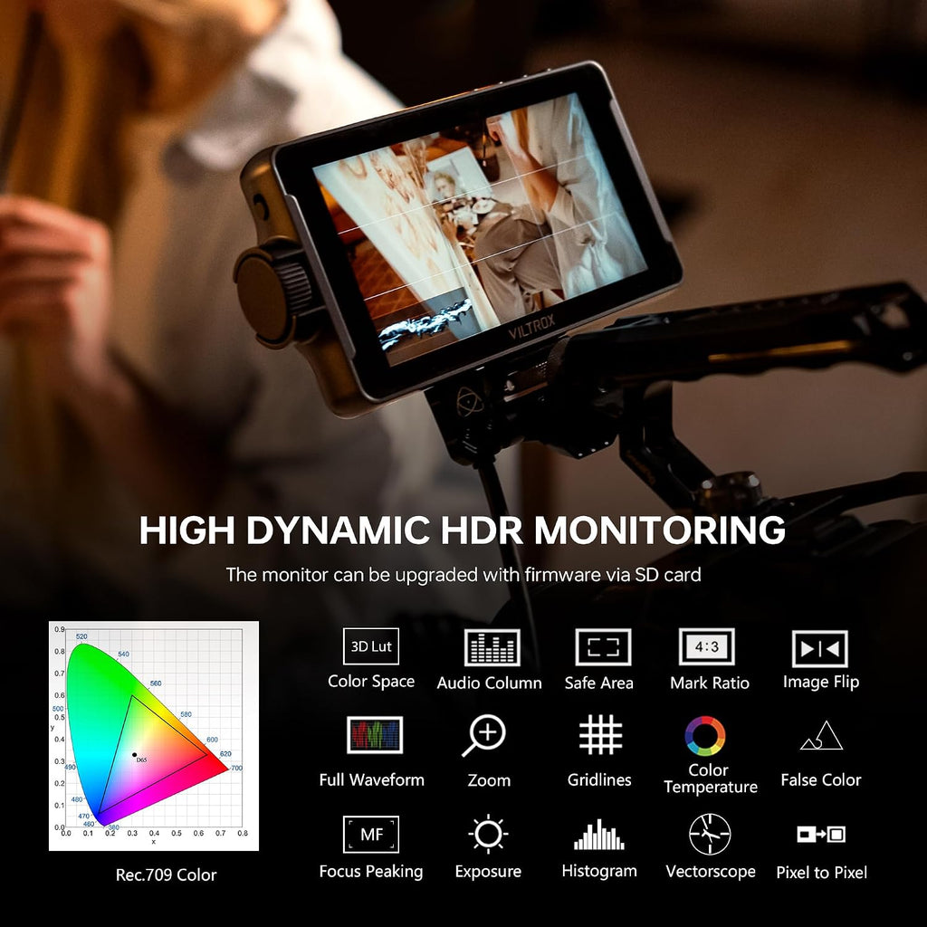 VILTROX DC-550 Pro Camera Field Monitor 1200nit HD 1920x1080 IPS Touch Screen Camera Monitor with 3D LUT, 4K HDMI Loop in/Out with Peak Focus Assist HDR Waveform, Sunshade Hood&Battery Cold Shoe Mount