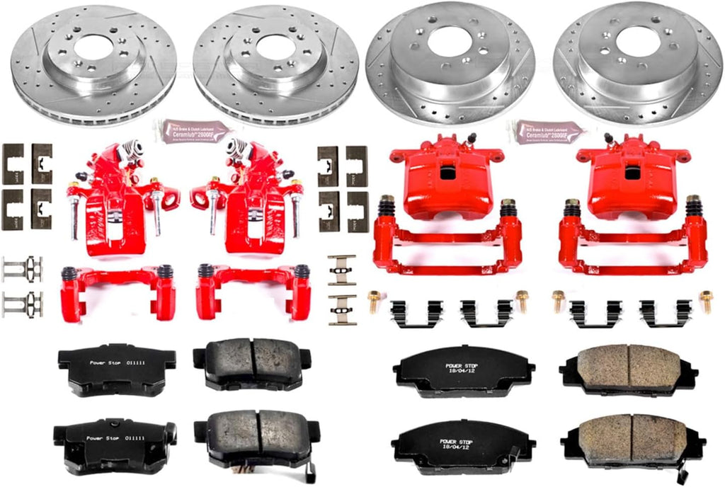 PowerStop Front and Rear Brake & Caliper Kit for Honda Civic 2006-11 - Carbon-Fiber Ceramic Brake Pads + Drilled & Slotted Rotors + Red Powder Coated Calipers, KC2440