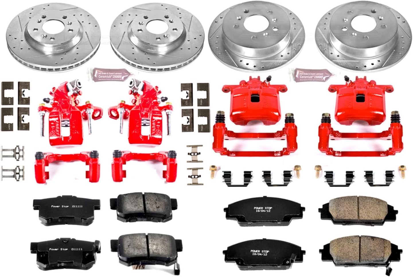 PowerStop Front and Rear Brake & Caliper Kit for Honda Civic 2006-11 - Carbon-Fiber Ceramic Brake Pads + Drilled & Slotted Rotors + Red Powder Coated Calipers, KC2440