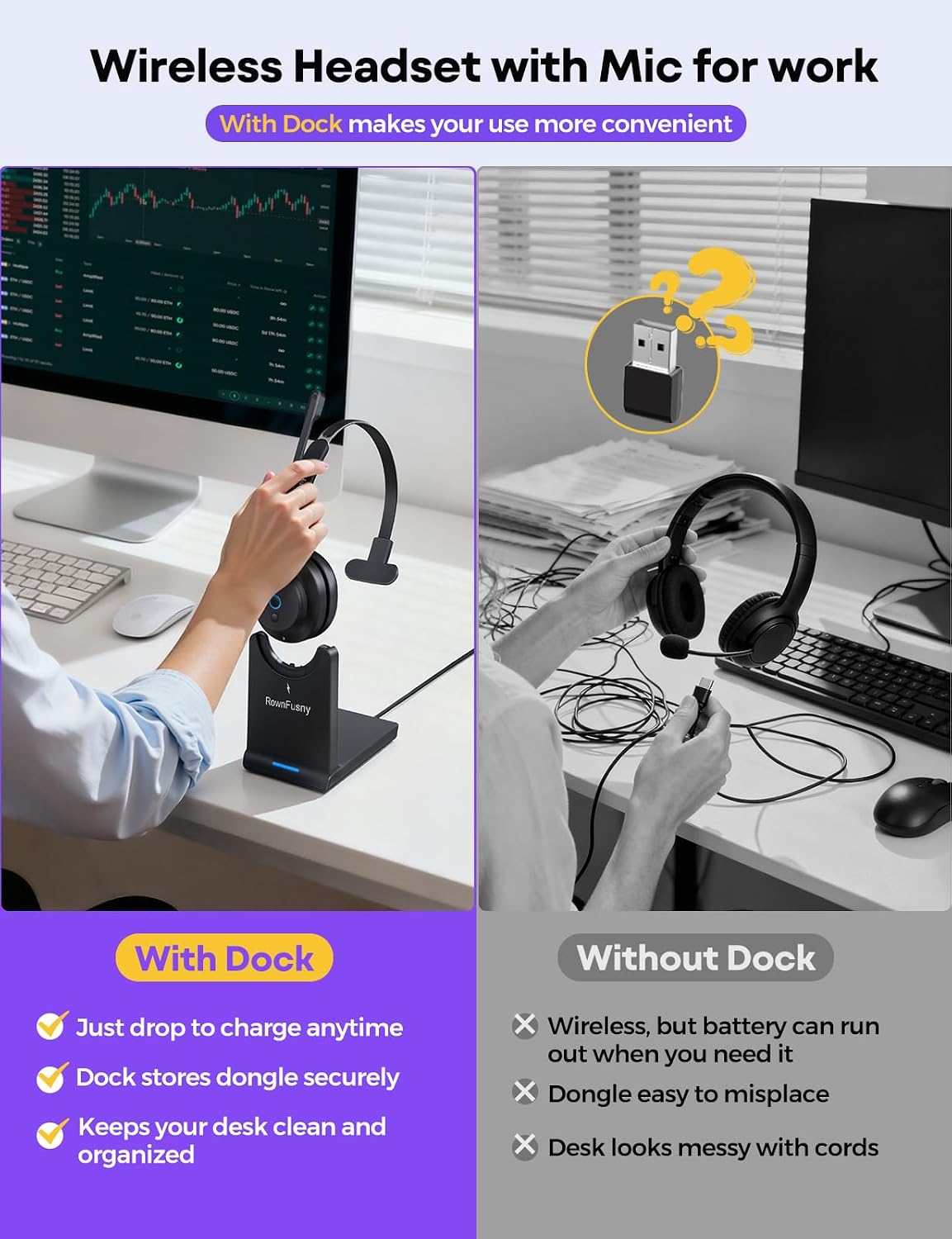 Wireless Headset with Mic for Work, Clear Sound ＆ Comfortable Computer Headset with Microphone, Bluetooth Headset with Charging Base & USB Dongle for Home/CallCenter/Teams/Zoom/Skype(Black)