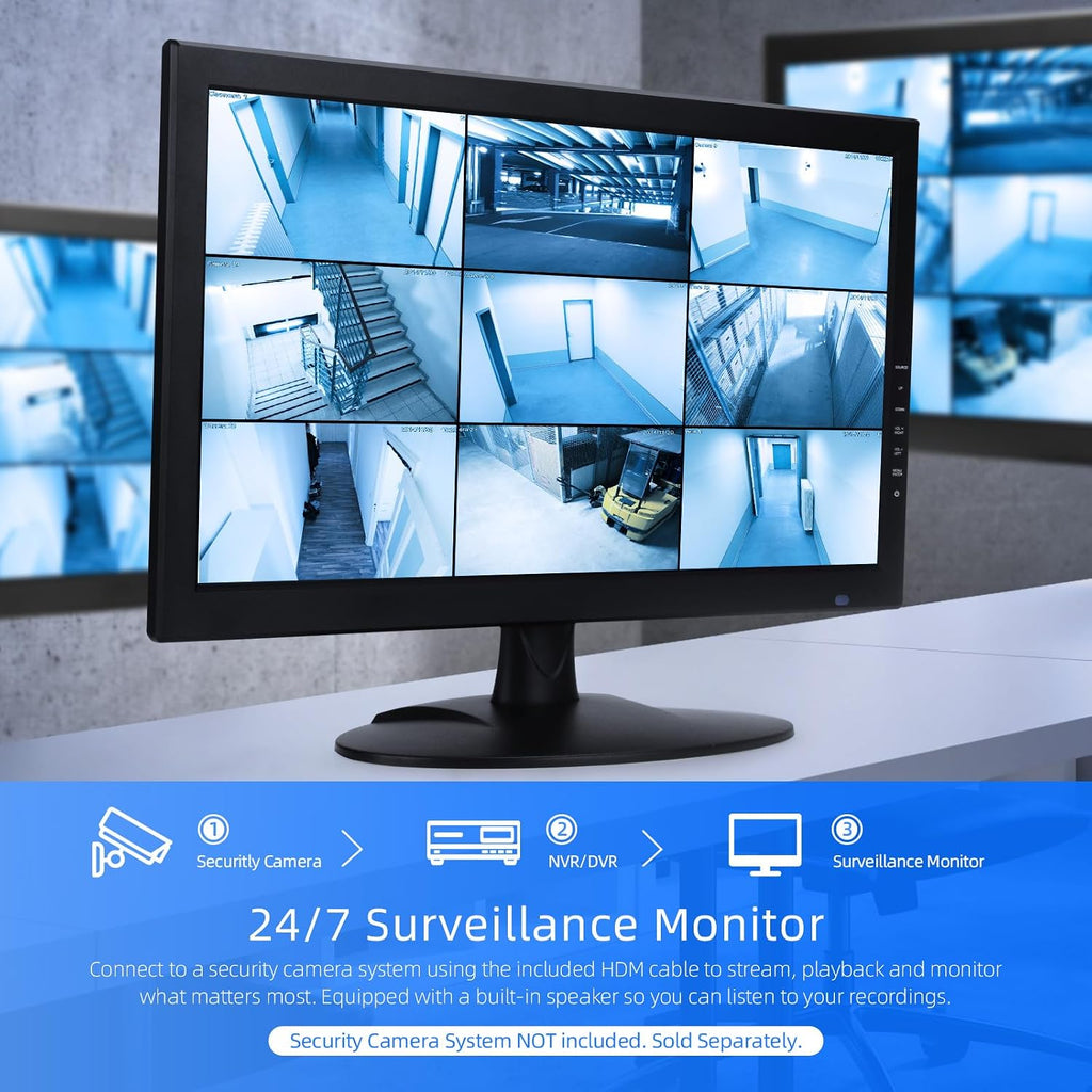 SVD 18.5 Inch Security Monitor – Supports 4K Input, 1366x768 HD LED Display, Ultra Thin CCTV Monitor with HDMI/VGA/BNC/USB, Professional Surveillance Screen for DVR, Home, Office