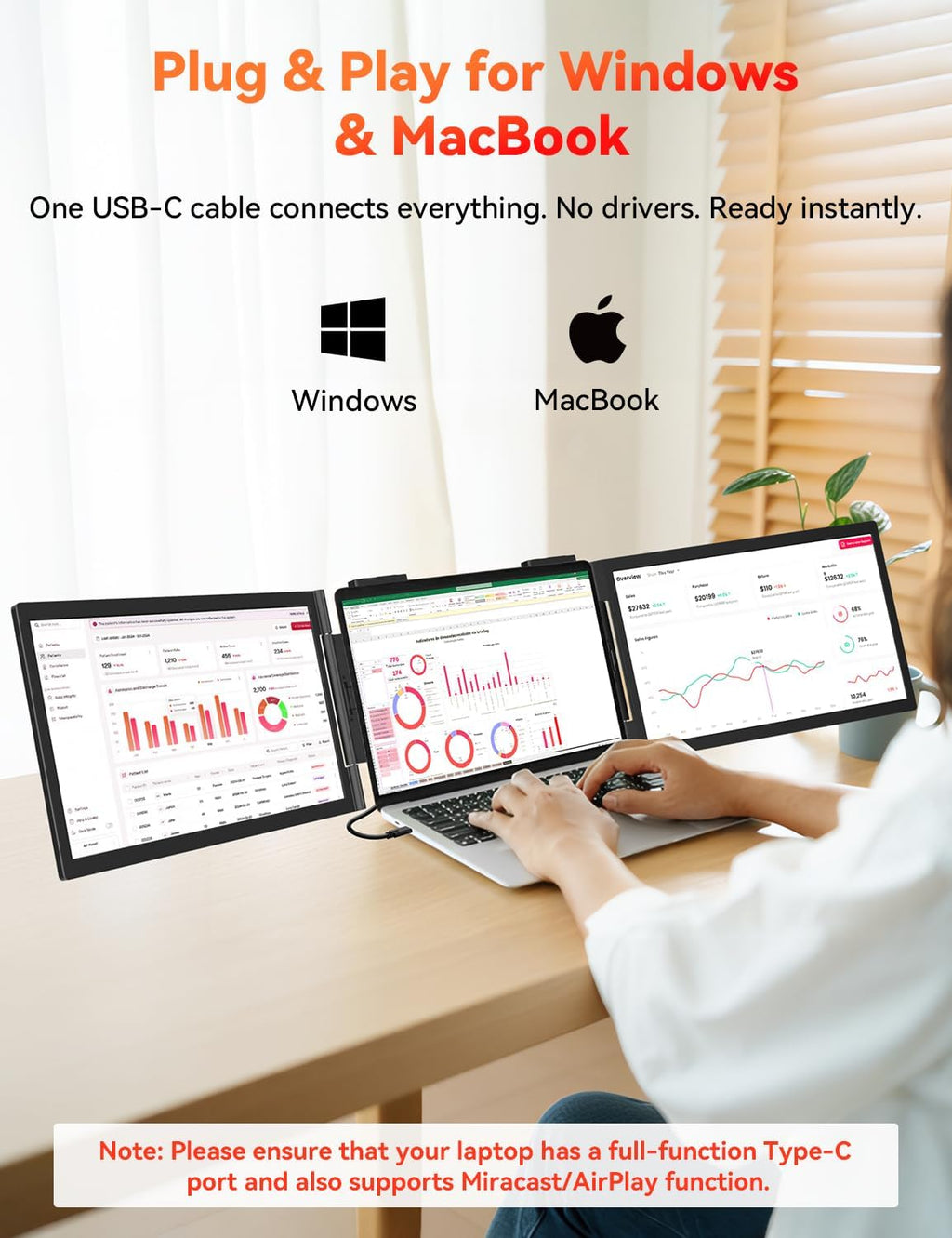 HotYeah Laptop Screen Extender, One Cable Connection (Windows & Mac), 14' 1080P Dual Portable Monitor, USB-C HDMI Wireless Travel Extended Display Triple Screen Monitor for 12-16.5' Laptop