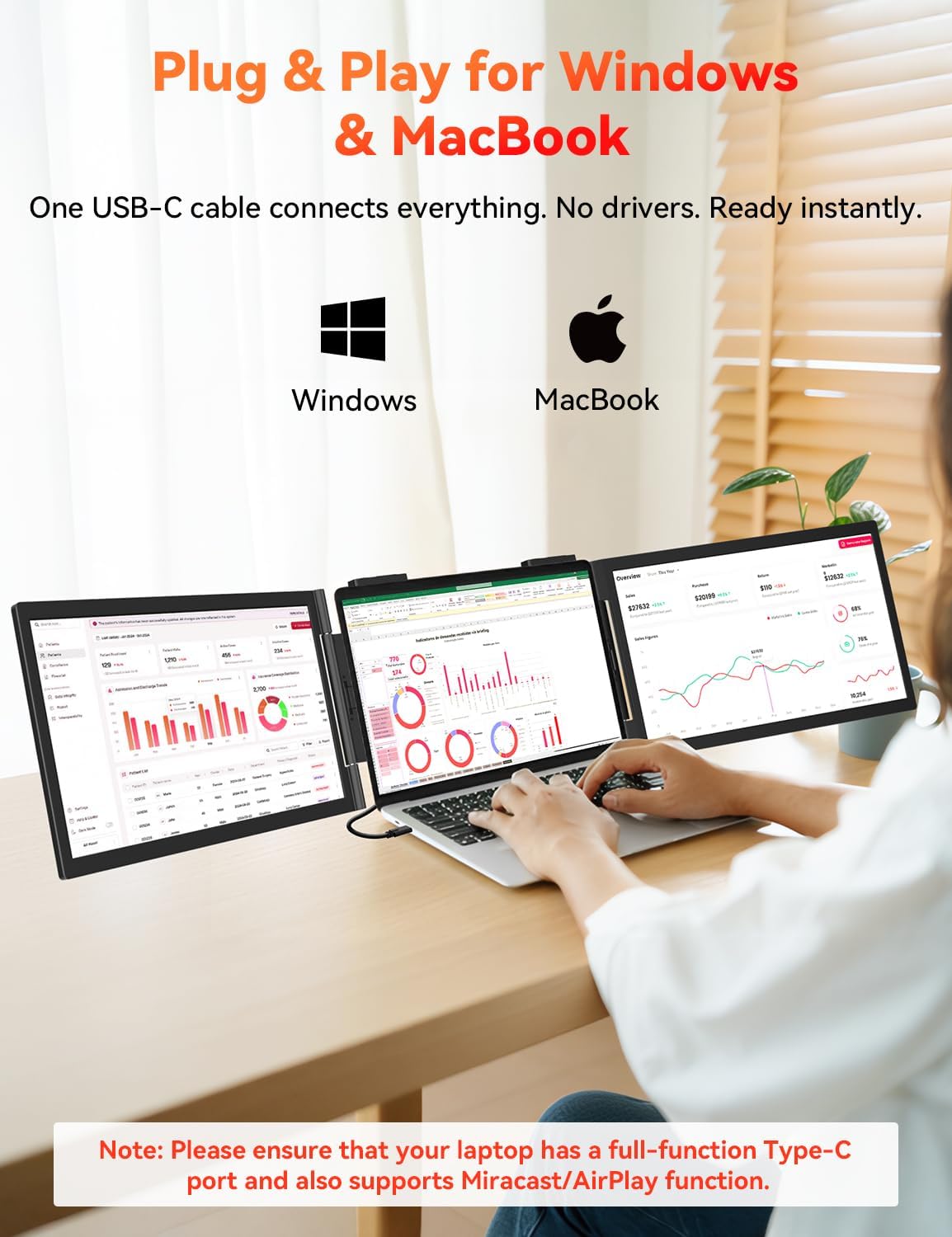 HotYeah Laptop Screen Extender, One Cable Connection (Windows & Mac), 14' 1080P Dual Portable Monitor, USB-C HDMI Wireless Travel Extended Display Triple Screen Monitor for 12-16.5' Laptop