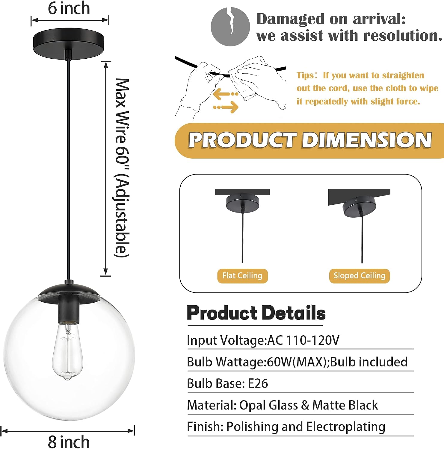 KoKo&Yukina 8' Black Glass Globe Modern Pendant Lights 2 Pack Mid Century Clear Glass Pendant Light Fixtures Adjustable Hanging Pendant Lighting for Kitchen Island Bedroom Hallway Bulbs Included