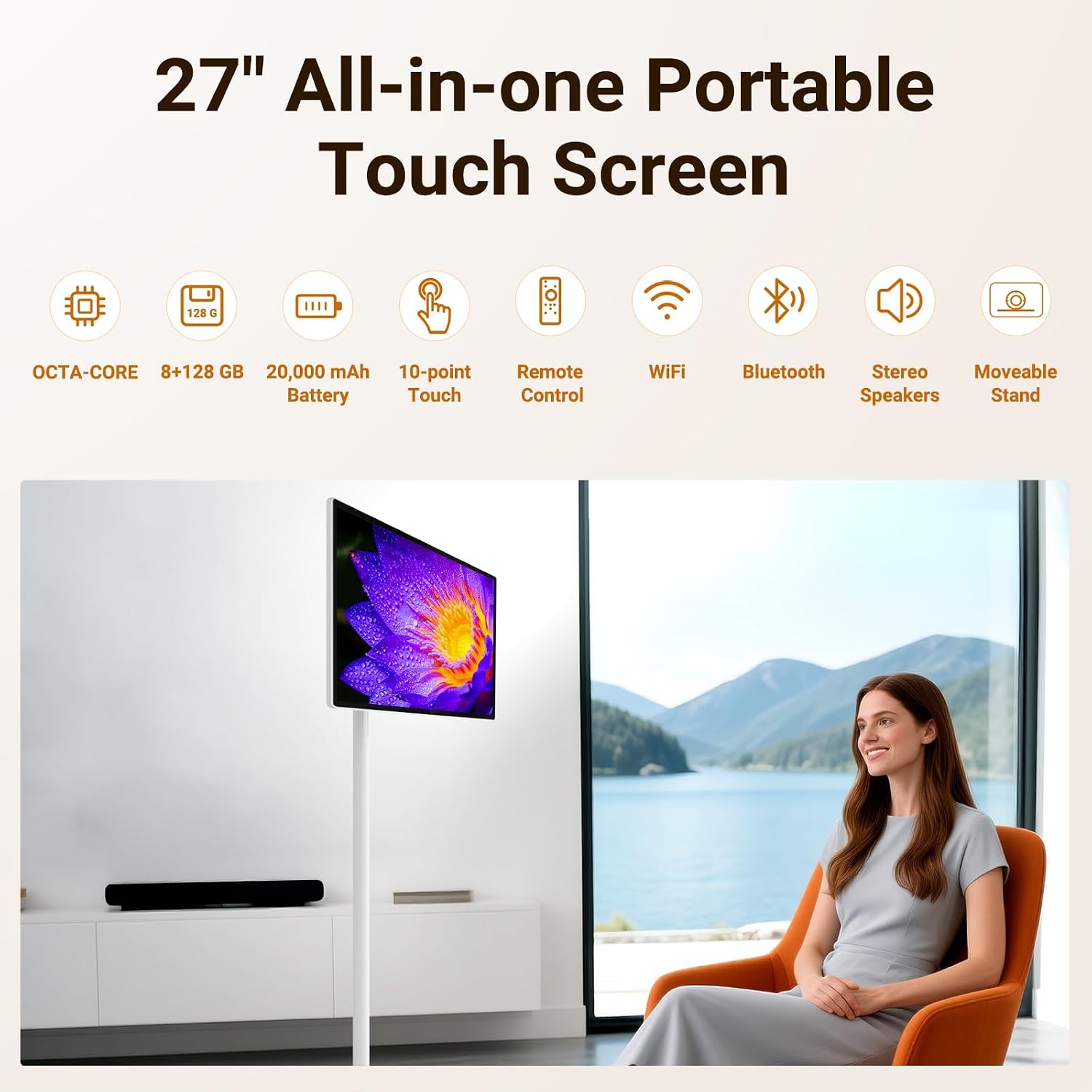 27' Rolling TV, EDLA-Certified Portable TV, Android 13, 8 GB +128 GB, Built-in 20,000 mAh Battery, 14H Playtime, Wireless Casting,10-Point Touch Screen Monitor for Home, Office, Gym