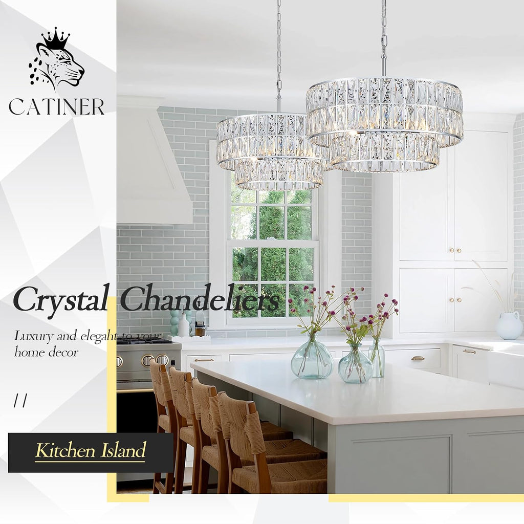 CATINER 20'' Modern Crystal Chandelier Luxury 6-Lights Chrome Semi Flush Mount Ceiling Light Fixtures Round Crystal Pendant Chandelier for Living Room Dining Room Kitchen Foyer Bedroom
