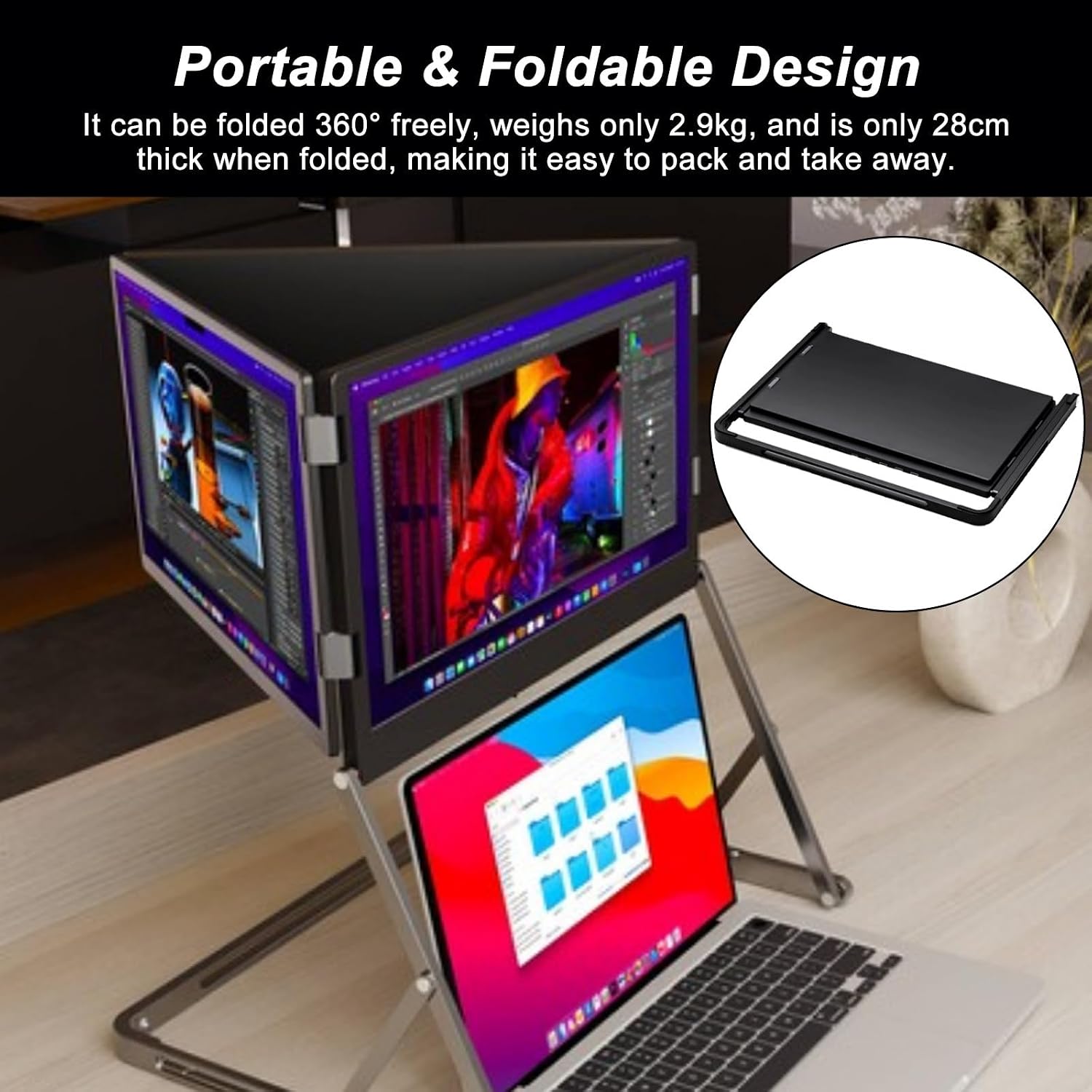 Laptop Screen Extender, 15.6' Triple Portable Monitor for Laptop with 1080P IPS Display, 100% sRGB, Foldable Design, Adjustable Height, USB-C Connection Compatible with Windows, Mac