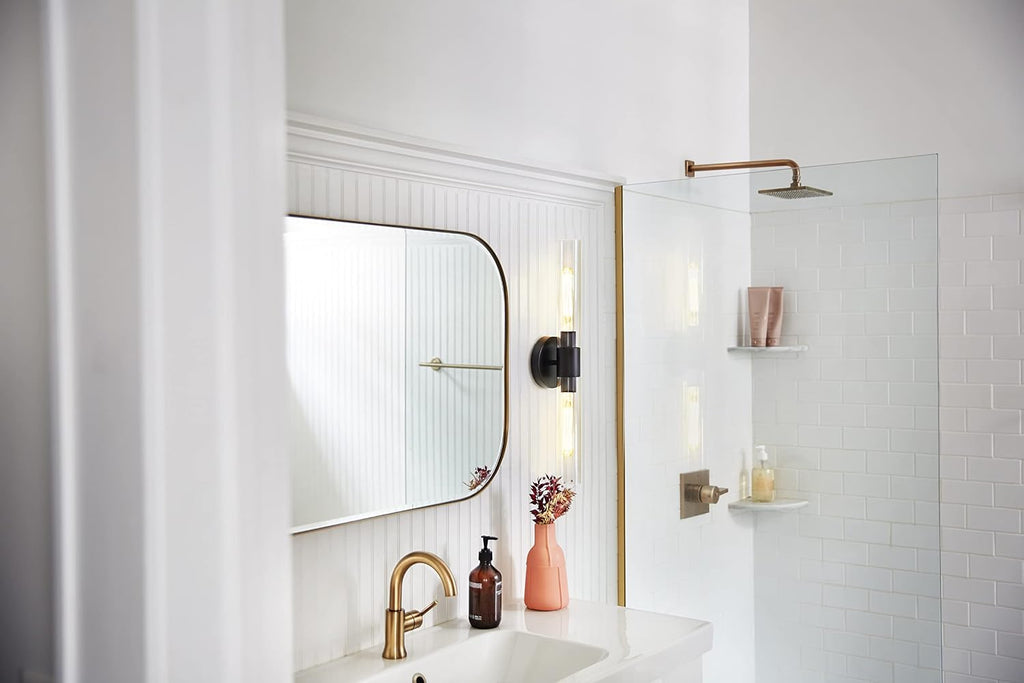 Lark Shea Two-Light Bath Vanity Fixture, Cylindrical Clear Glass Shades, Mount Vertically or Horizontally, Black