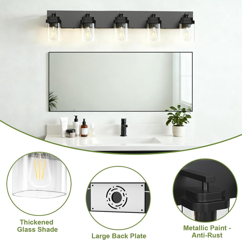 Black Bathroom Light Fixtures, 5 Lights Bathroom Lighting Fixtures Over Mirror, Square Design & Rectangle Large Backplate, Modern Vanity Lighting Fixtures, for Bathroom/Living Room/Bedroom