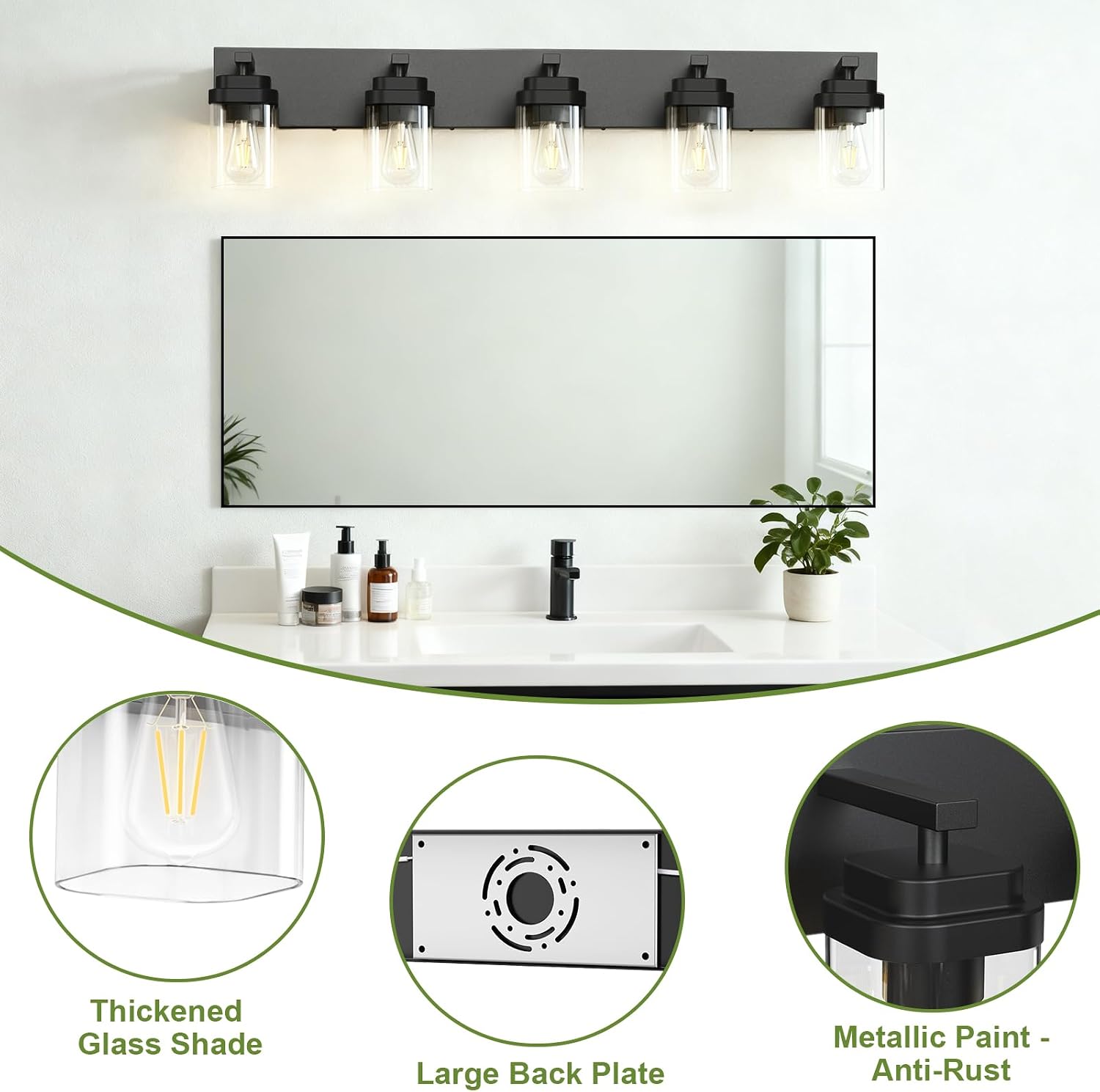 Black Bathroom Light Fixtures, 5 Lights Bathroom Lighting Fixtures Over Mirror, Square Design & Rectangle Large Backplate, Modern Vanity Lighting Fixtures, for Bathroom/Living Room/Bedroom