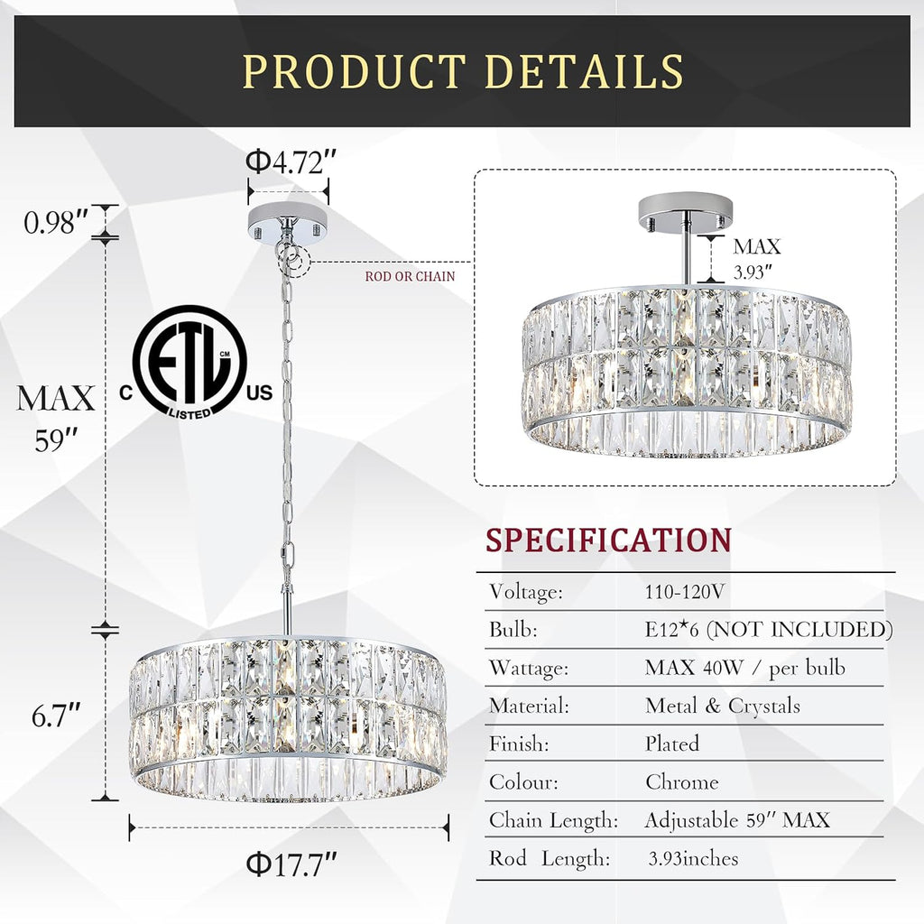 CATINER Modern Crystal Chandelier 18'Chrome Semi Flush Mount Ceiling Light Fixtures 6-Lights Drum Crystal Pendant Lighting for Dining Room Foyer Bedroom Living Room