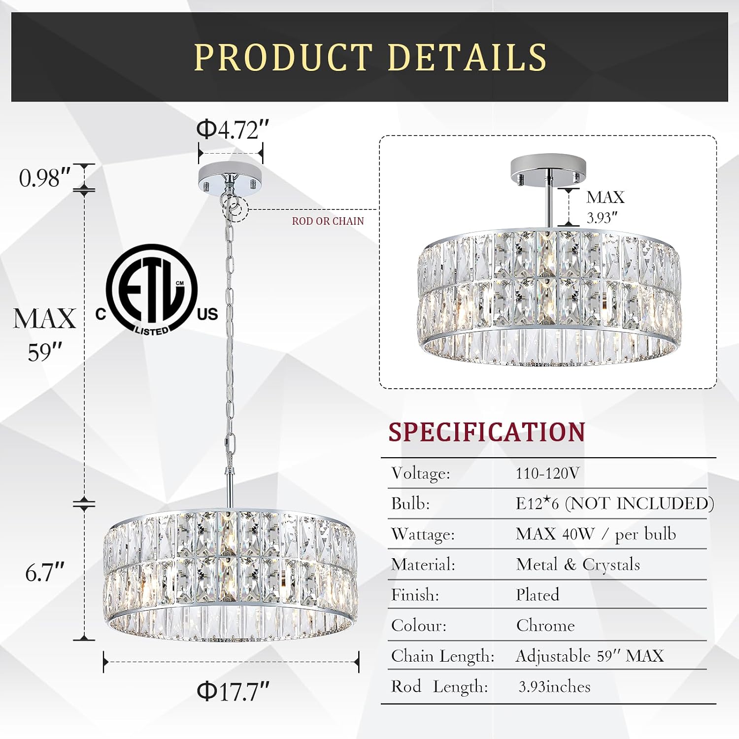 CATINER Modern Crystal Chandelier 18'Chrome Semi Flush Mount Ceiling Light Fixtures 6-Lights Drum Crystal Pendant Lighting for Dining Room Foyer Bedroom Living Room