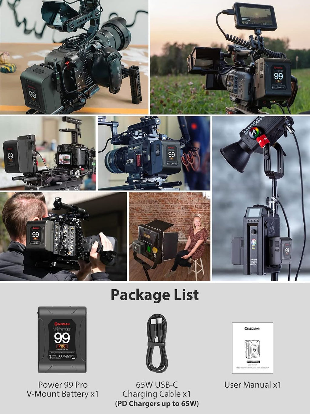 Moman V-Mount Battery, Power 99 Camera bettert Mini V Lock Batterys 99Wh/6900mAh with Touch Button&LED Display for Smallrig BMPCC 4k 6k Camera Camcorder Monitor 65W PD USB-C/A/D-Tap 14.4V/DC/BP Port