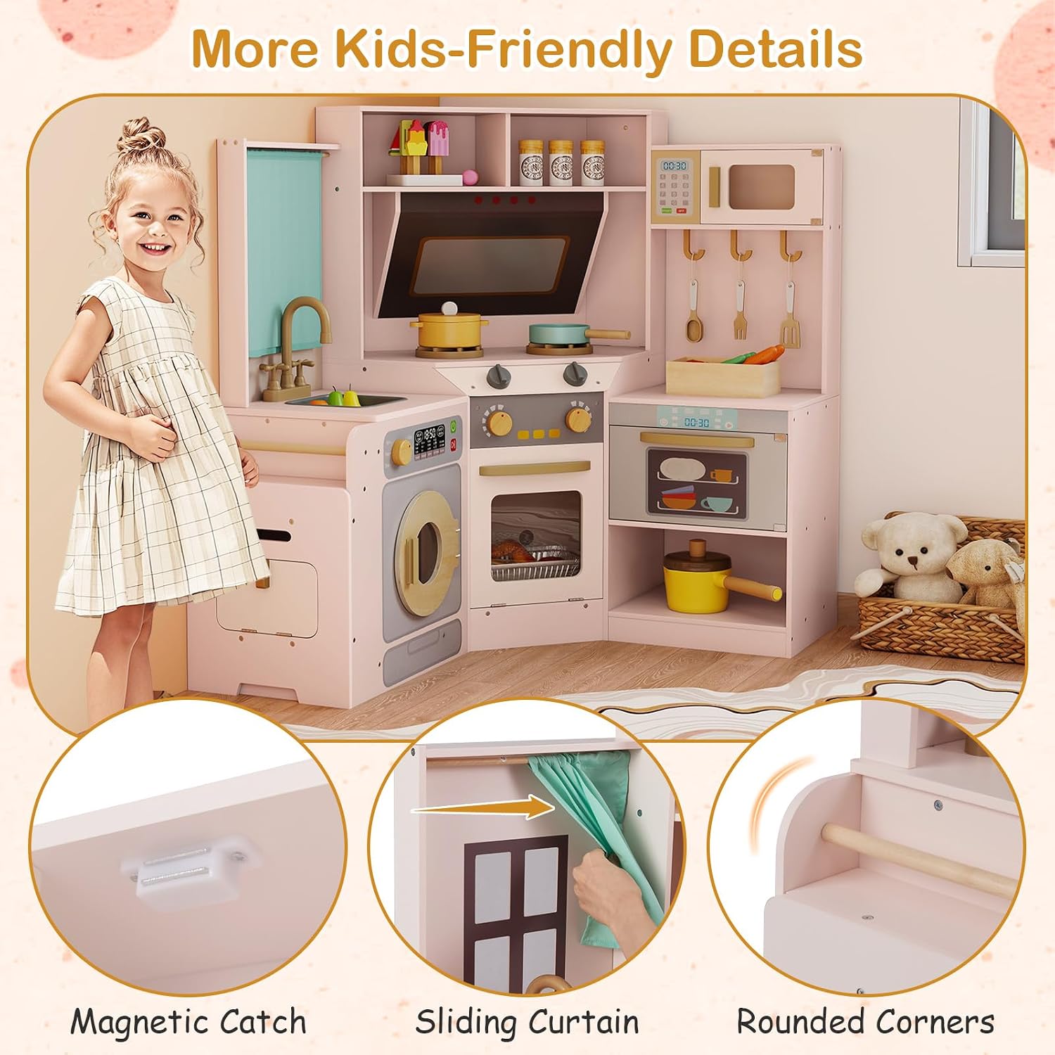 GLACER Corner Wooden Play Kitchen with Real Lights & Sounds, Pretend Kids Kitchen Playset with Trash Bin, Accessories, Dishwasher, Microwave Oven, Cooking Play Set for Toddlers Ages 3+ (Pink)