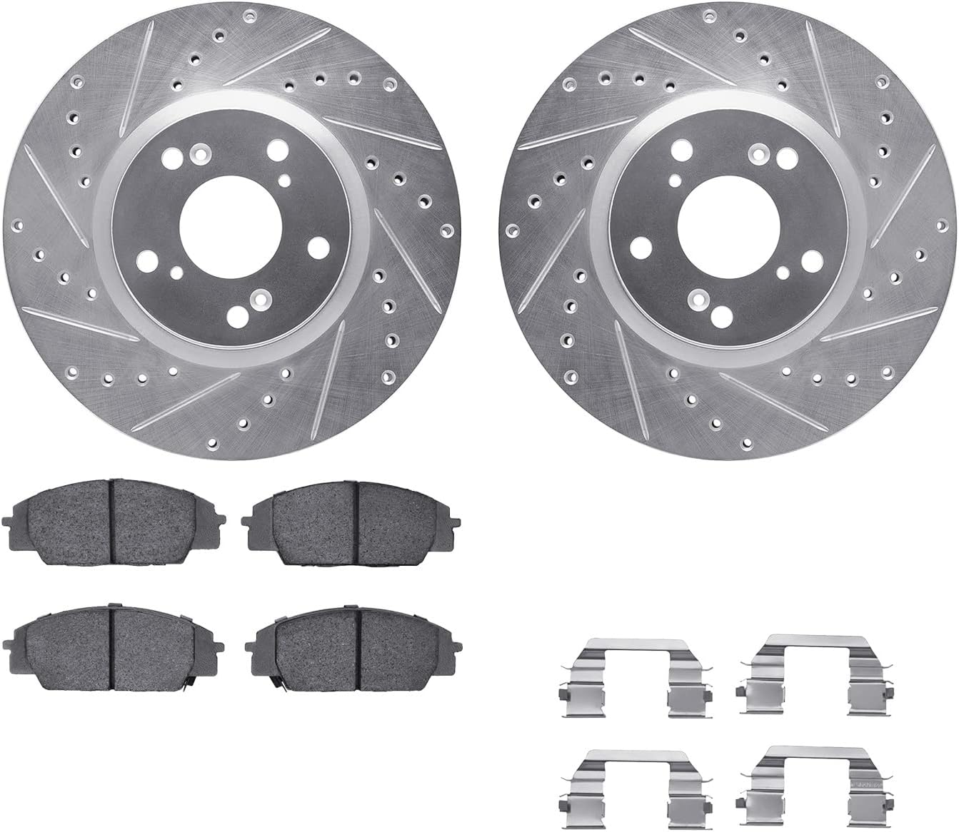 Dynamic Friction Company Front Brake Kit Fits 2002-2006 Acura RSX; 2007-2010 Acura CSX; 2006-2011 Honda Civic| 5000 Euro Ceramic Pads, Drilled Slotted Rotors| Hardware| 11.8' Front
