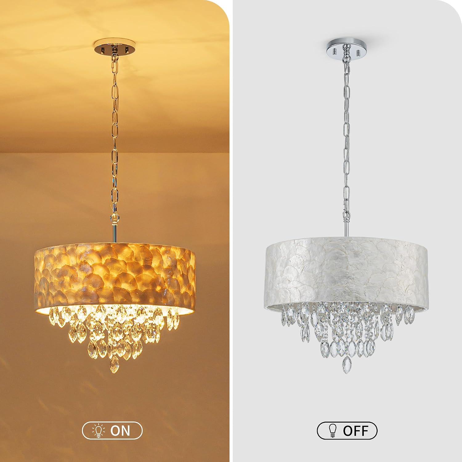 4-Light Drum Capiz Shell K9 Crystal Chandelier, Coastal Style Pendant Light Fixture for Dining Room, Living Room, D17.7 x H21~68 inch (Adjustable), Clear Crystal & Chrome Finish