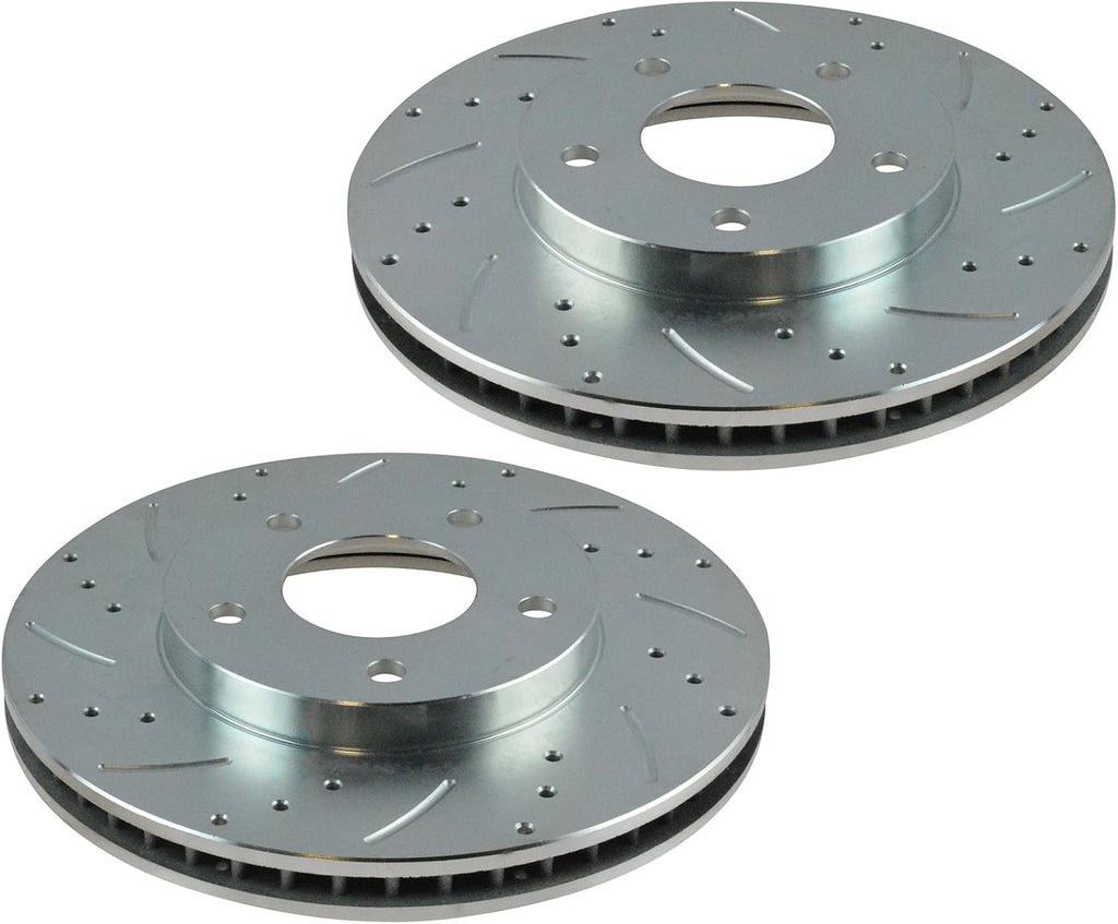 TRQ Performance Front & Rear Brake Rotors Set 4 Piece Premium G-Coated Slotted X Drilled Compatible with 2005 Dodge Stratus 2004-2006 Mitsubishi Lancer