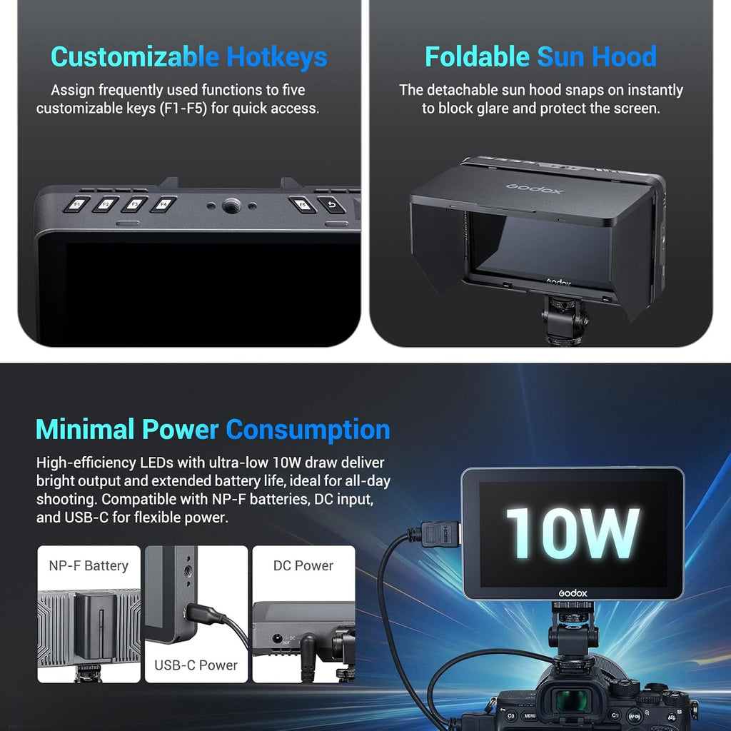 GODOX GM6S Pro 5.5inch Camera Field Monitor, 4K HDMI Camera Monitor, 2000nit±10% Ultra Bright Video Monitors, 1920x1080 IPS Touch Screen, Input & Output 3D LUT, All-Metal Body, with Foldable Sunshade