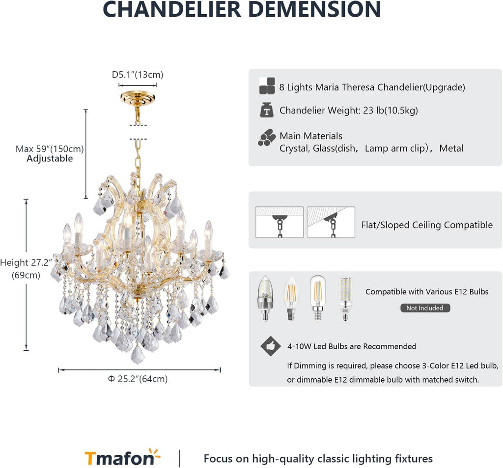 Modern Gold Chandelier Light Fixtures - 8 Lights Luxury Crystal Chandeliers for Dining Room, Kitchen Island, Living Room, Bedroom