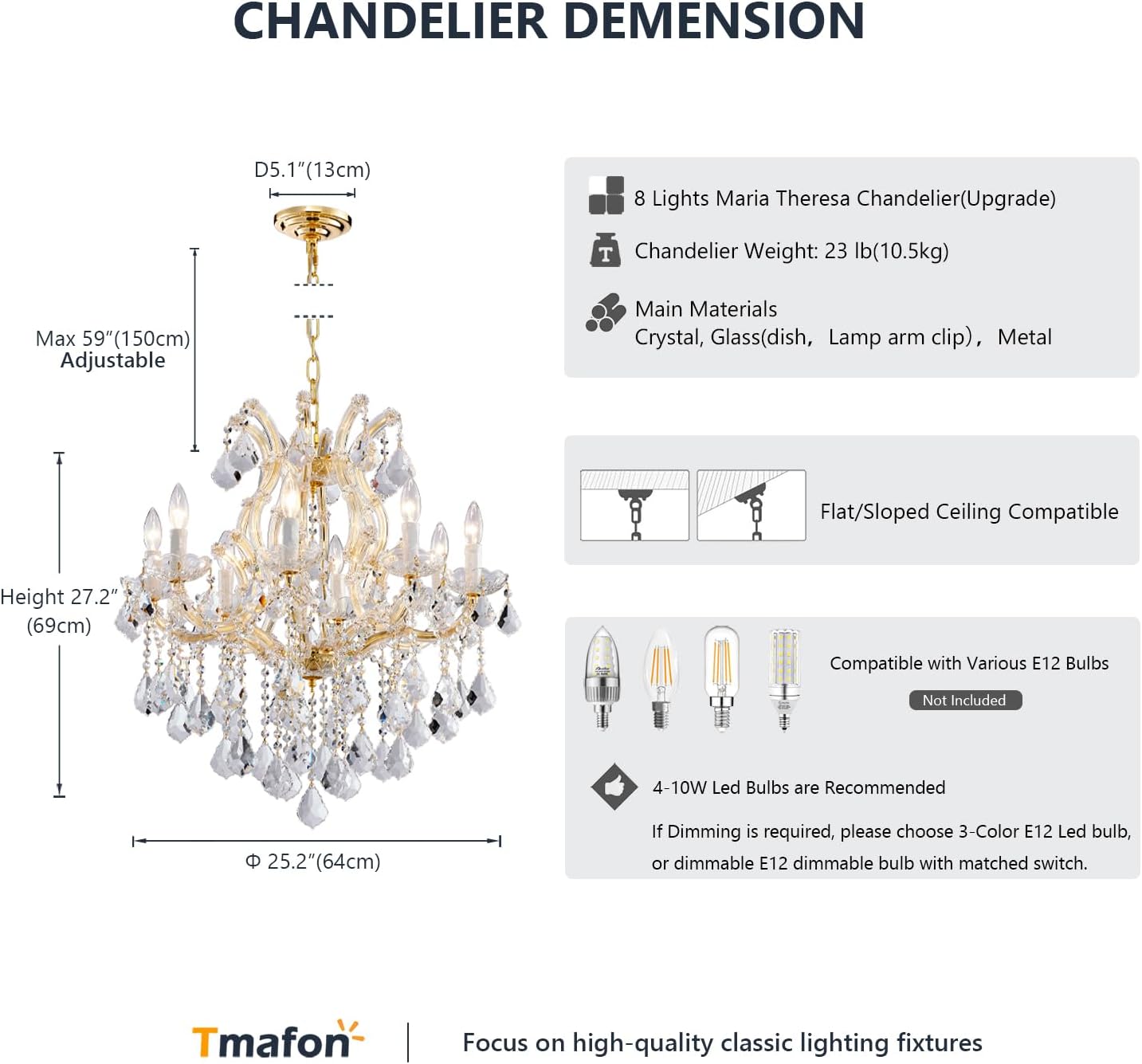 Modern Gold Chandelier Light Fixtures - 8 Lights Luxury Crystal Chandeliers for Dining Room, Kitchen Island, Living Room, Bedroom