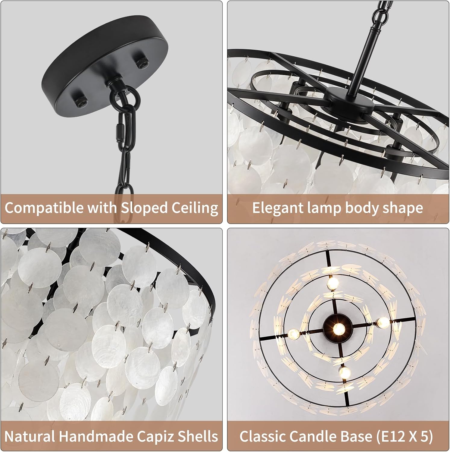 17.72' Capiz Shell Chandelier, 5 Light Natural Seashell Coastal Chandelier, Modern Capiz Seashell Pendant for Kitchen Living Dining Room Bathroom Bedroom, Black Finish