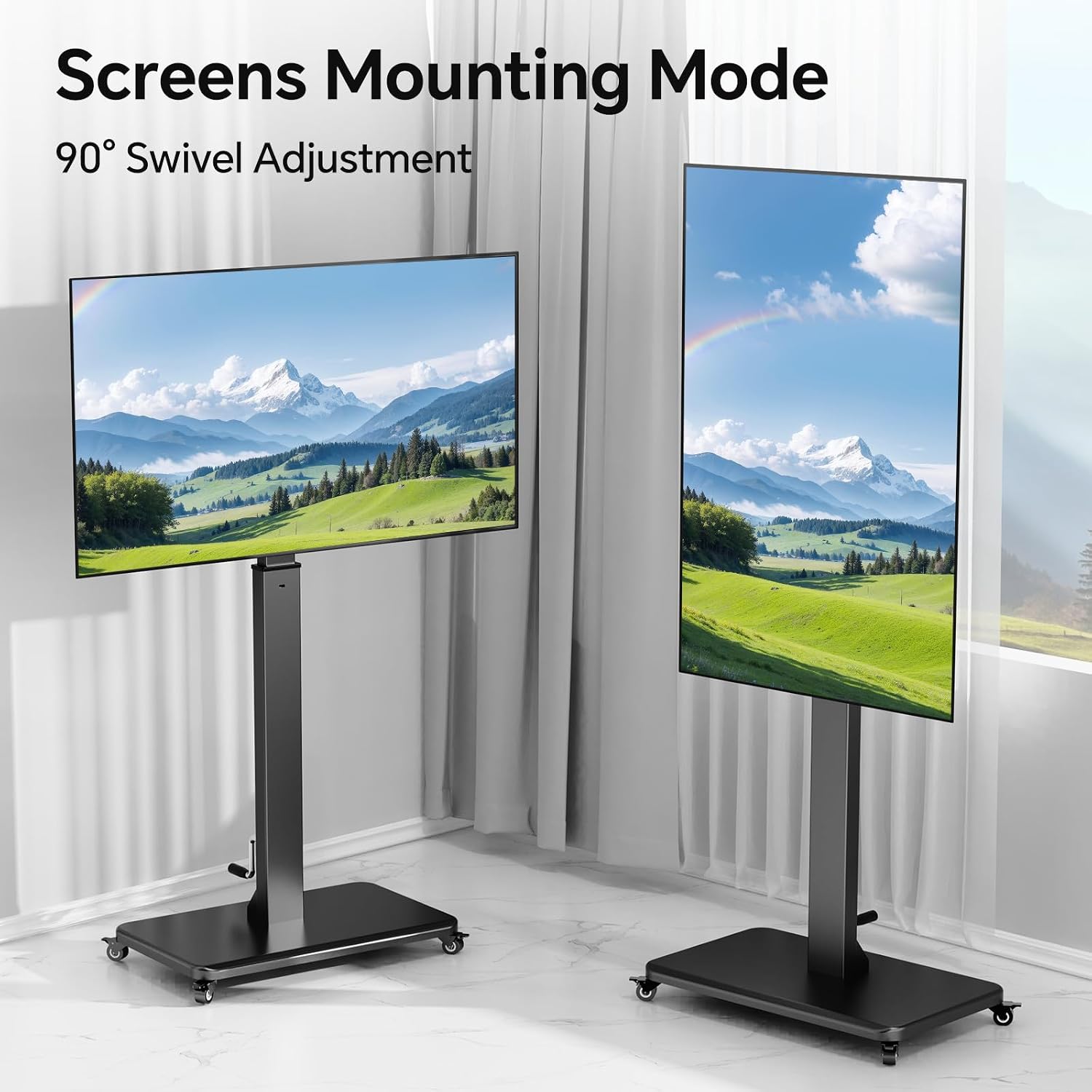 Mobile TV Stand with Power Outlet, Height Adjustable with Handle Stepless Lift,Rolling TV Stand for 32-75inch TVs with 90 Rotating,Portrait to Landscape,TV Cart with Wheels Holds up to 110lbs (Black)