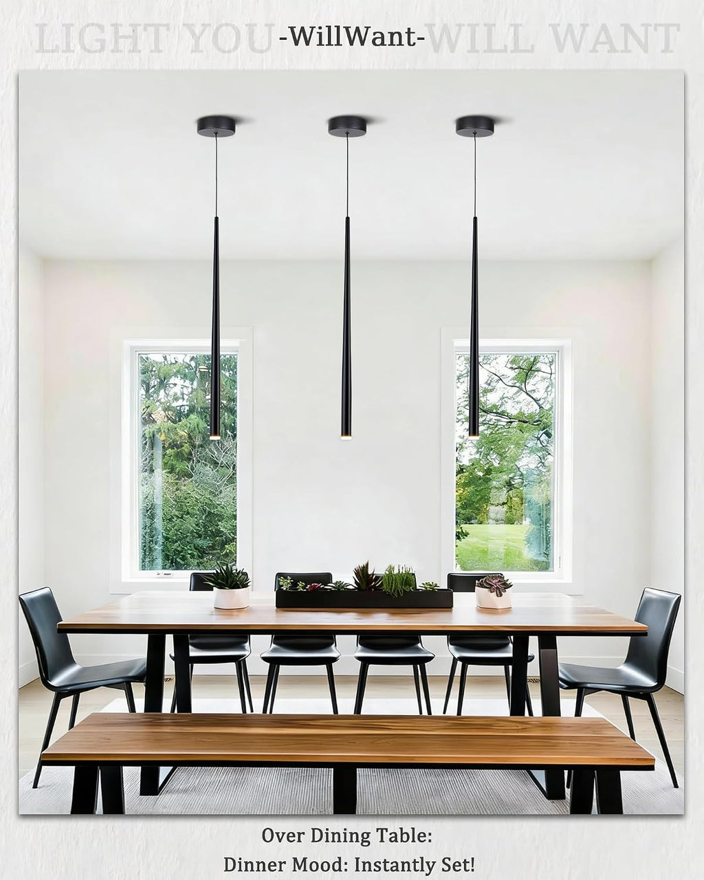 3 Pack Modern Black Pendant Lights, 27.5' Long Industrial Tube Hanging Light Fixture with Dimmable 4000K LED for Kitchen Island, Dining Room, Bar, Bathroom