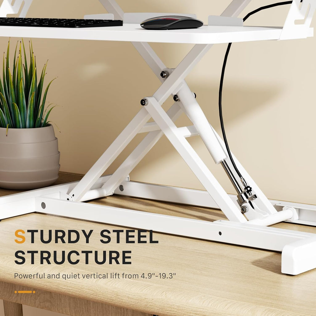 JOY worker Standing Desk Converter, 35' Wide Height Adjustable Sit Stand Up Desk Riser with Keyboard Tray, Desktop Workstation Riser for Home Office Computer Laptop, Particle Board, White