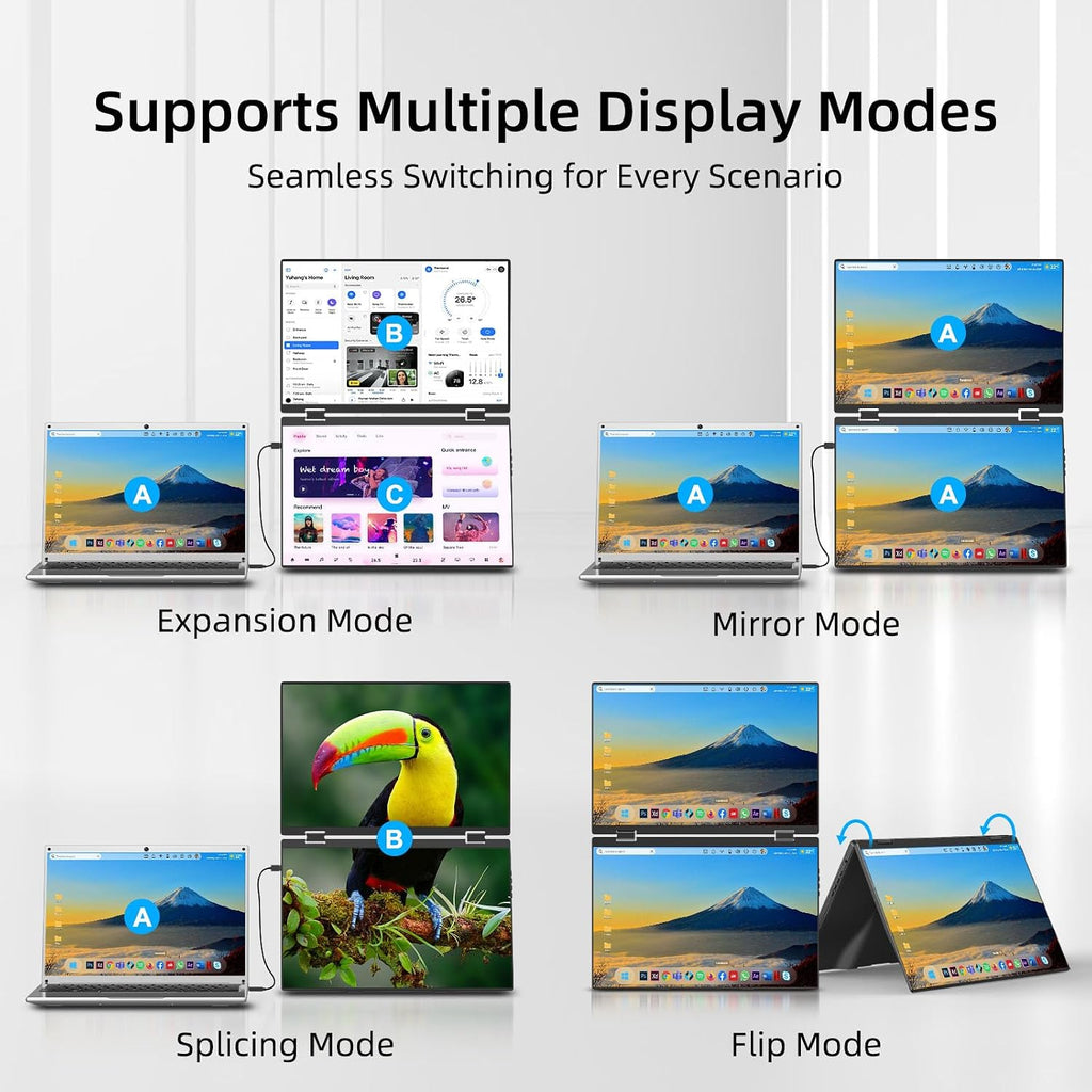 Dual Portable Monitors, 16'/1200P/FHD Foldable Laptop Screen Extender, All-Metal, Ultra Slim, Plug & Play, Extend/Mirror/Splicing/Flip Mode, USB-C/HDMI, Low Blue Light, Speakers, for Win/Mac