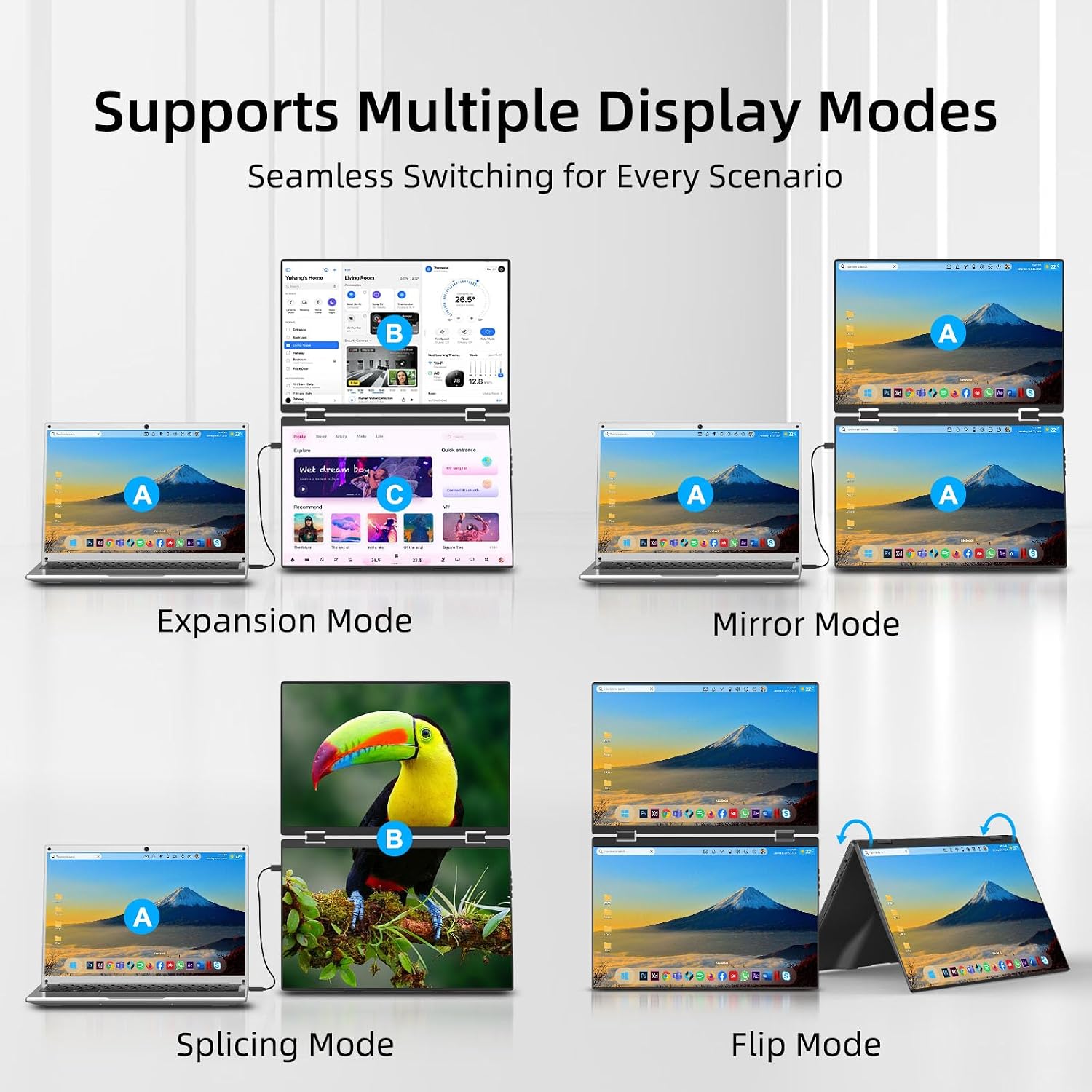 Dual Portable Monitors, 16'/1200P/FHD Foldable Laptop Screen Extender, All-Metal, Ultra Slim, Plug & Play, Extend/Mirror/Splicing/Flip Mode, USB-C/HDMI, Low Blue Light, Speakers, for Win/Mac