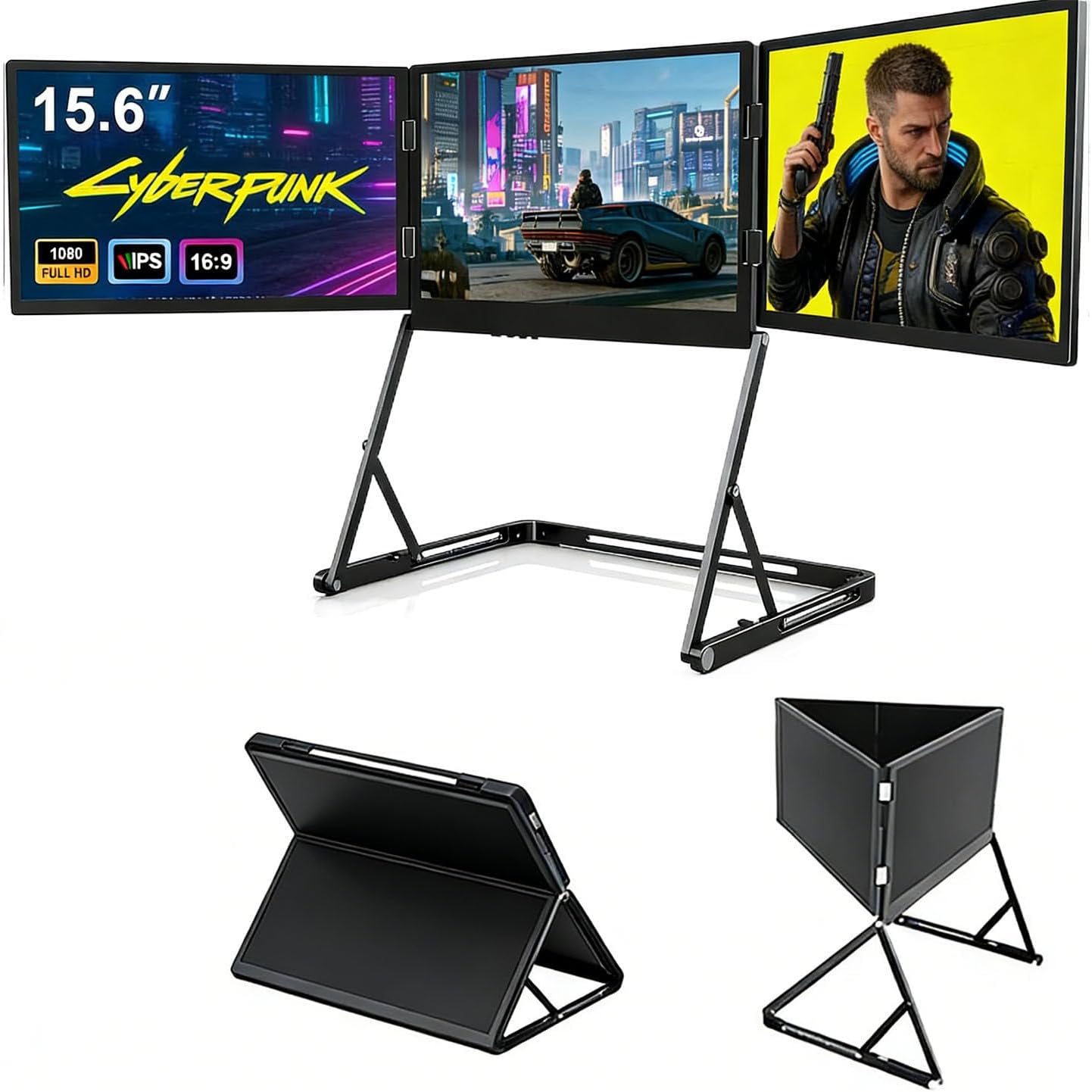 15.6' Portable Triple Monitor for Laptop, Full HD IPS Screen Extender, Play USB-C HDMI Multi-Screen Display for Windows, MacBook, Designers
